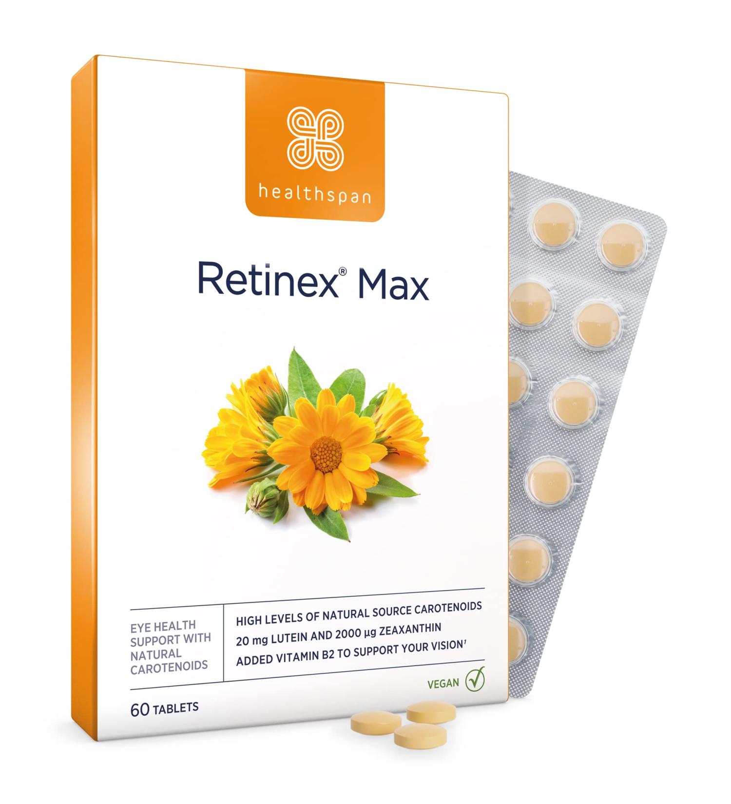 Healthspan Retinex Max 60 Tablets - Long Term Vision & Eye Health | Lutein, Zeaxanthin & Vitamin B2 for Normal Vision | Vegan Formula - Buy Online on GoSupps.com