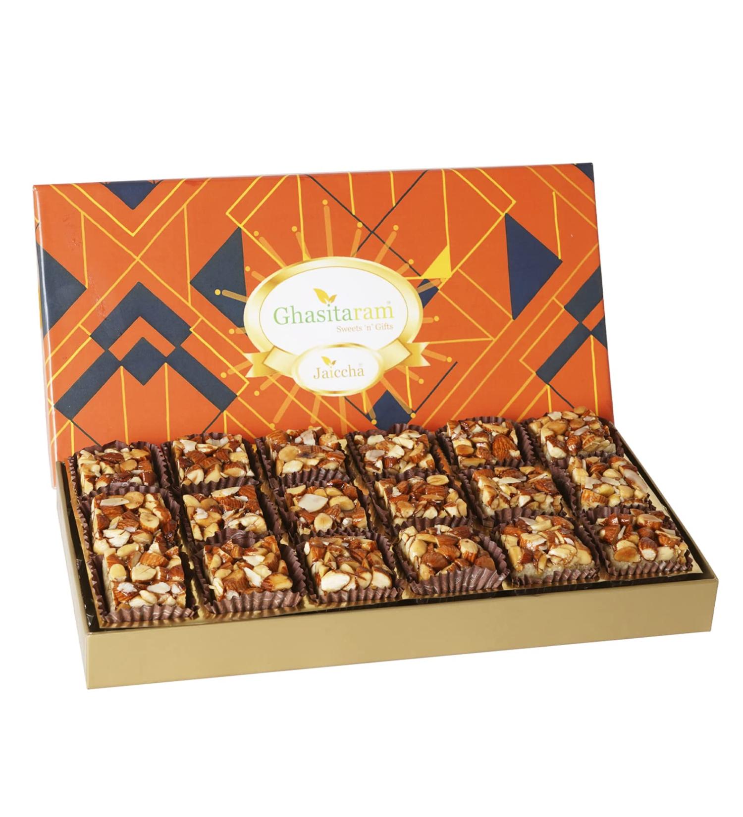 Ghasitaram Gifts Jaiccha Sugarfree Almond Delight in Designer Box 18 pcs |Gift for Diwali Gifts Bhaidooj Gifts| - Buy Online on GoSupps.com
