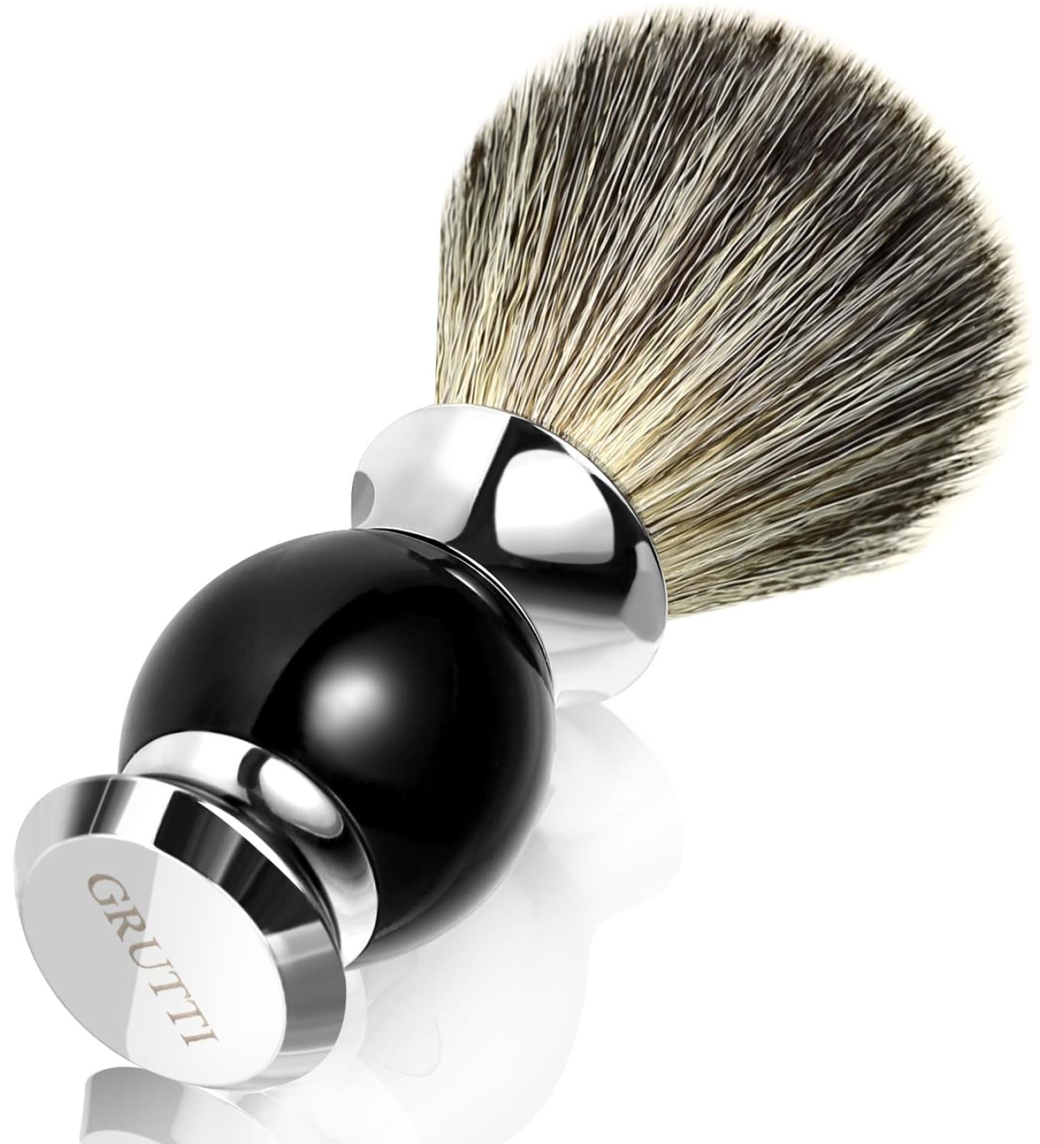 Grutti Vegan Razor Brush - Premium Soft Imitation Hair Shaving Brush Set - Black Acrylic & Metal Accents - Buy Online on GoSupps.com