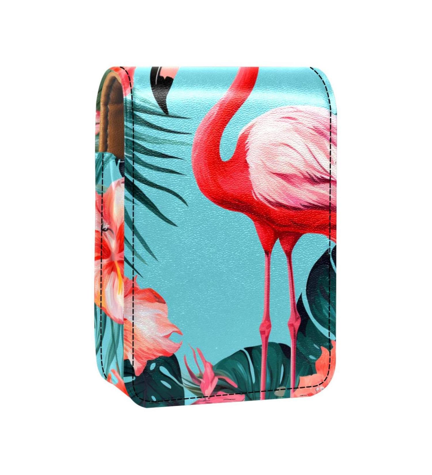 Travel Lipstick Organizer Case | Portable Makeup Bag with Mirror | Flamingo Tropical Leaves Design - Shop Now - Buy Online on GoSupps.com
