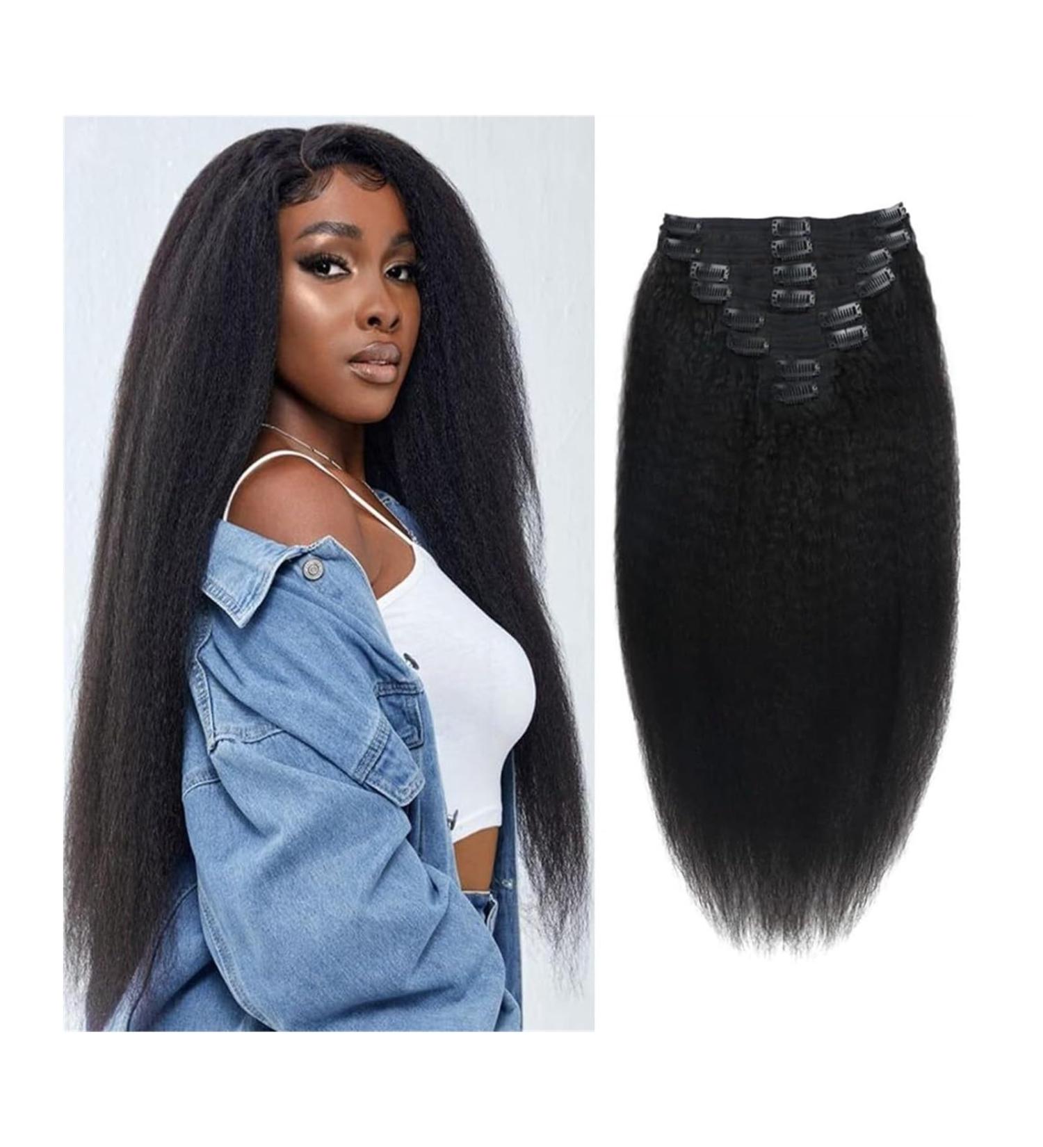 Clip in Hair Extensions Kinky Straight Clip in Hair Extensions Real Human Hair Natural Black for Women Remy Kinky Straight Human Hair Clip in Extensions Double Weft Seamless 120g/Set Clip in Extension 18inches 120g/Set - Buy Online on GoSupps.com