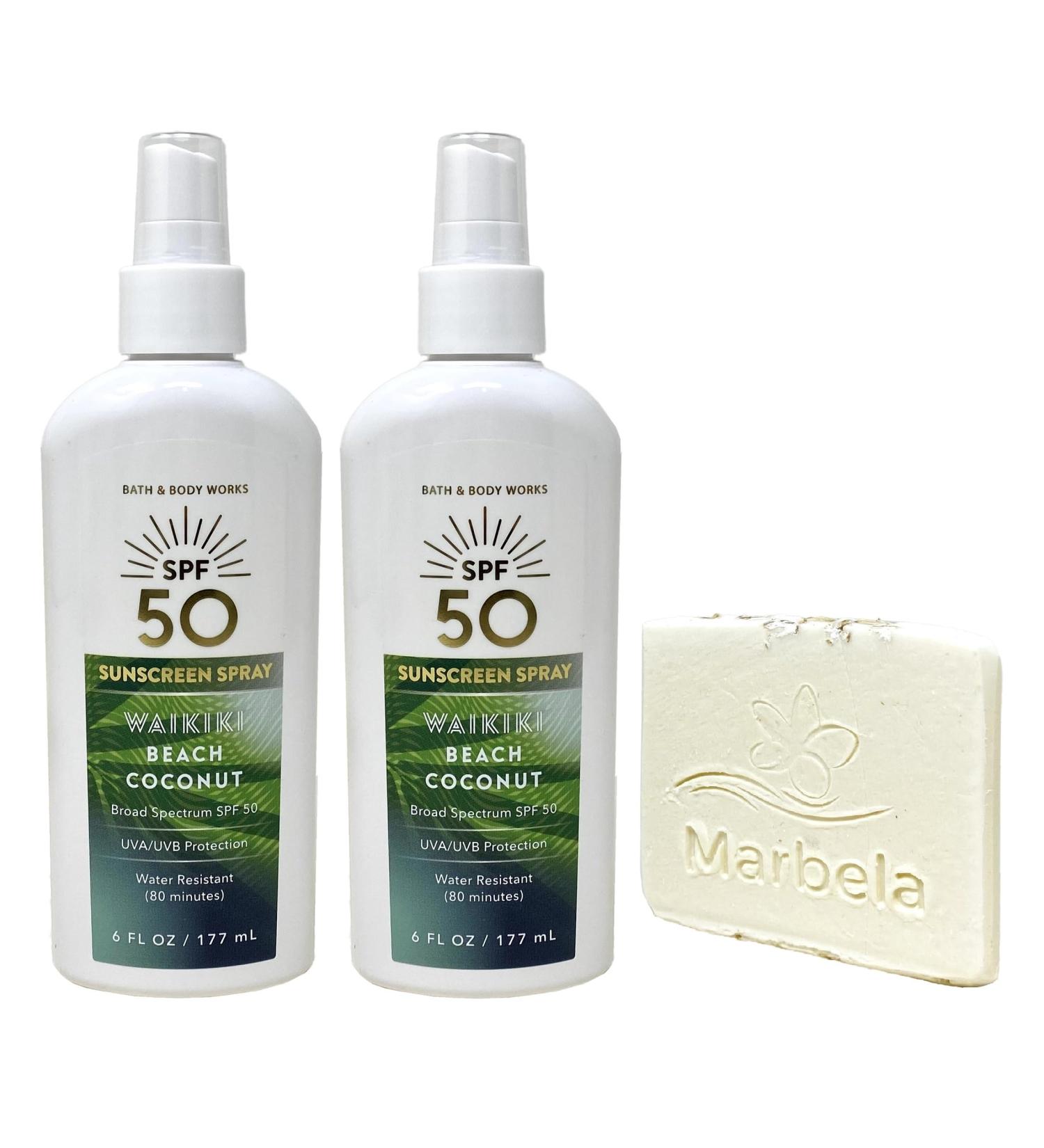 Bath & Body Works Waikiki Beach Coconut 2 Pack SPF 50 Sunscreen Spray Set with a Natural Oats Sample Soap - Buy Online on GoSupps.com