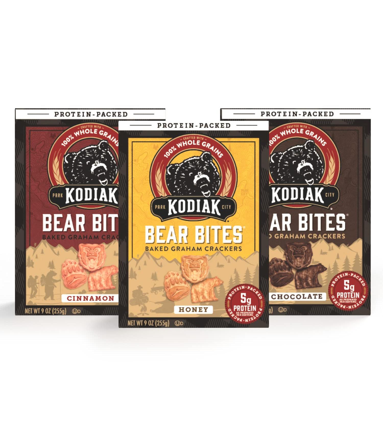 Kodiak Cakes Bear Bites Variety Pack - Protein Packed Graham Crackers - 100% Whole Grains - Honey, Chocolate, and Cinnamon Cookies Snacks - 9 oz (Pack of 3) - Buy Online on GoSupps.com