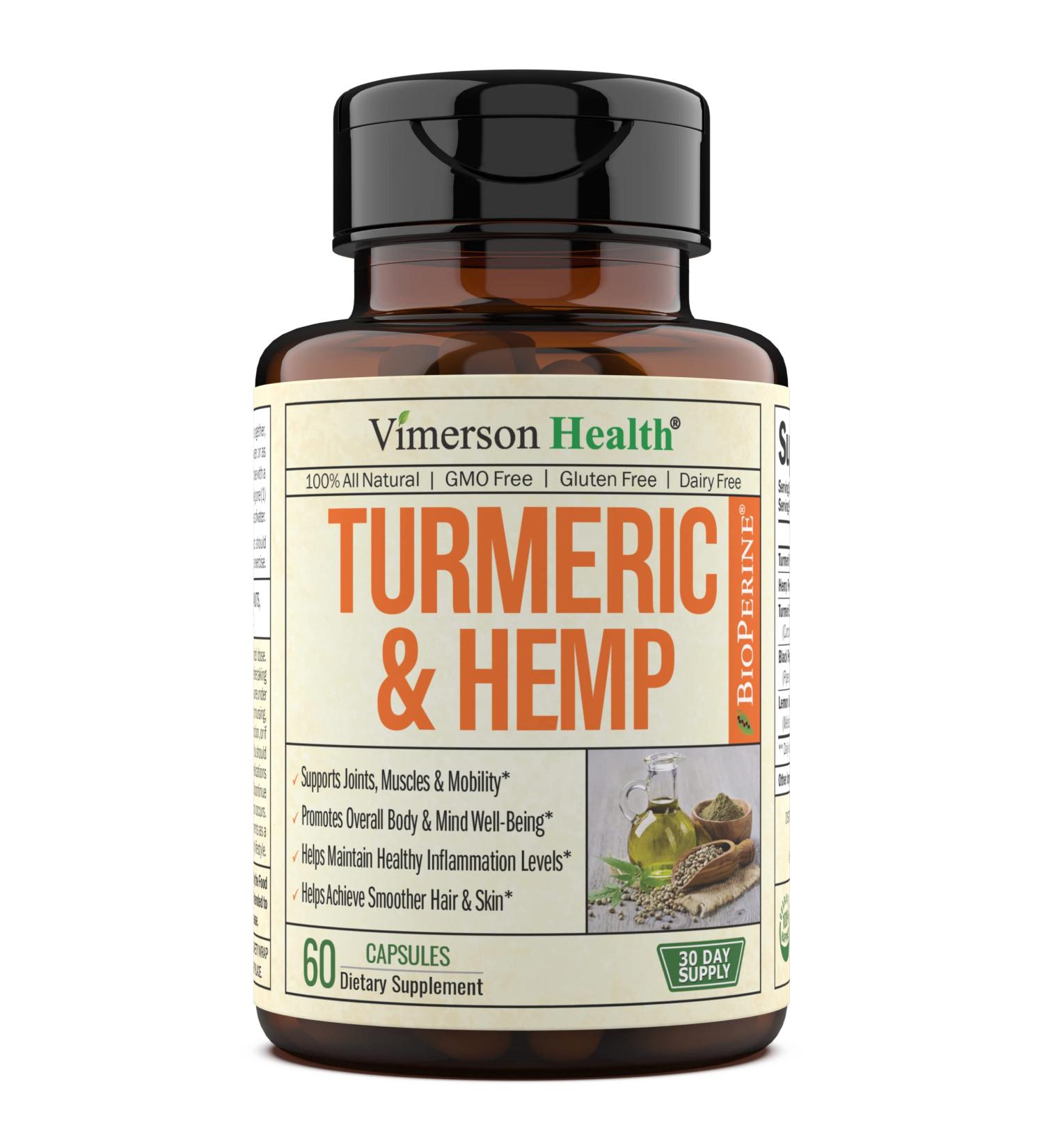 Turmeric Curcumin Capsules with Black Pepper & Hemp - Vegan Joint Support with Bioperine. 95% Curcuminoids for Sleep, Mood & Stress - 60 Caps - Buy Online on GoSupps.com