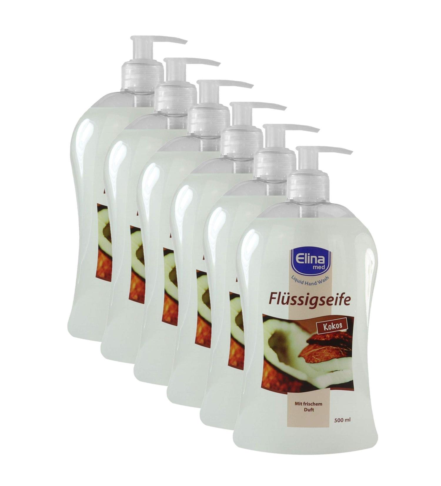 6 x Elina med - Soap/Liquid Soap - Coconut - With fresh scent (6 x 500 ml) 6 pieces (1 pack) Coconut