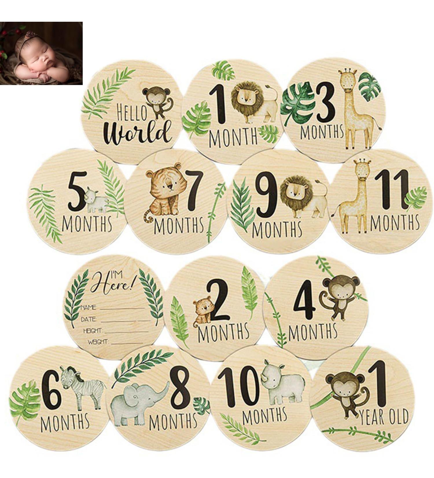 Baby Monthly Milestone Cards Sign Double Sided Wooden Newborn Sign Baby Birth Announcement Milestone Discs Year Growth Photography Newborn Milestone Baby Gift Sets for Newborn Boys and Girls 10cmX10cm (7pcs) 14pcs - Buy Online on GoSupps.com