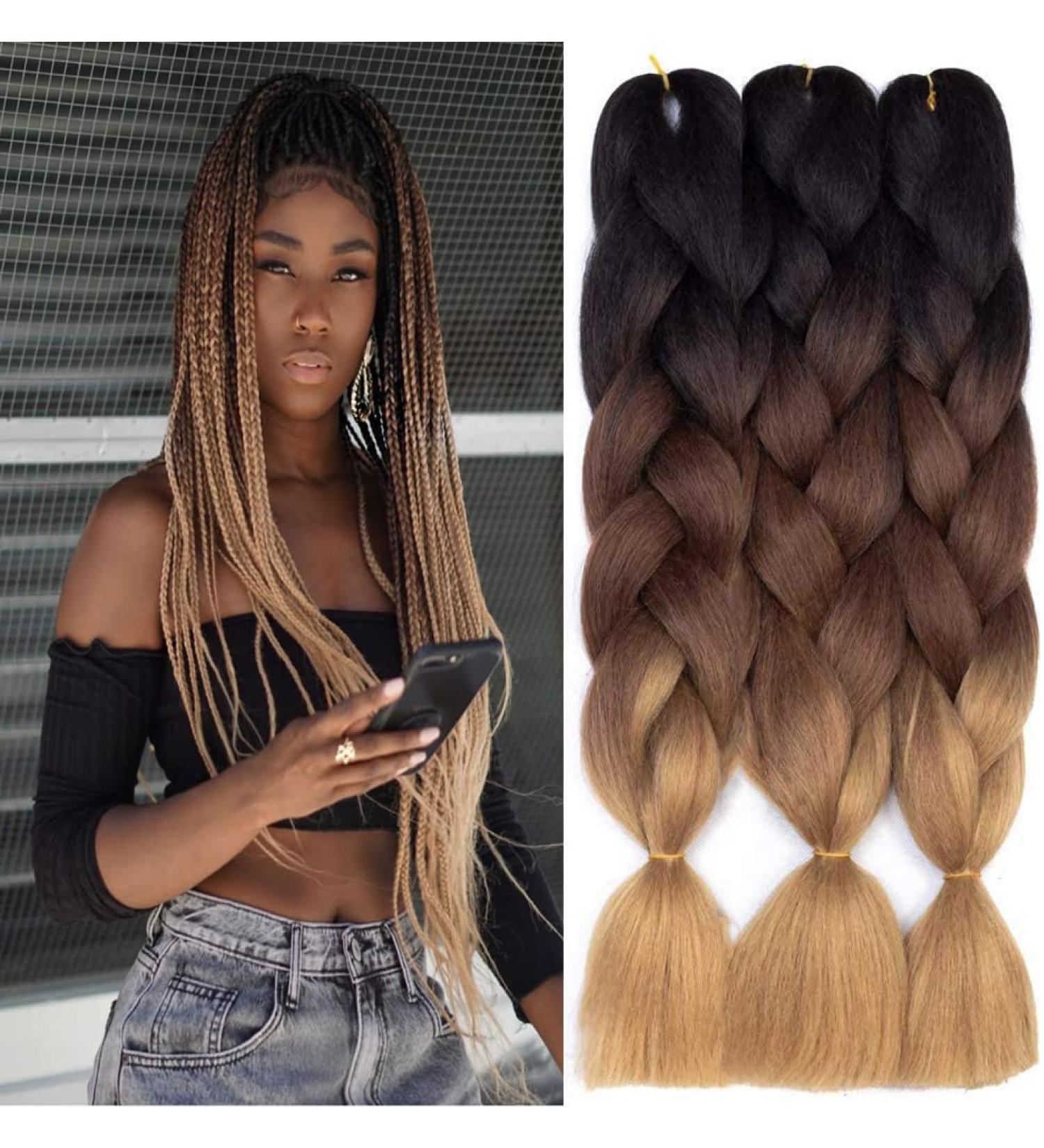Fanyu Ombre Braiding Hair Extensions - 3 Packs Kanekalon Jumbo 24 Inch Synthetic Hair for Crochet Twists (Black-Dark Brown-Bright Brown) - Buy Online on GoSupps.com