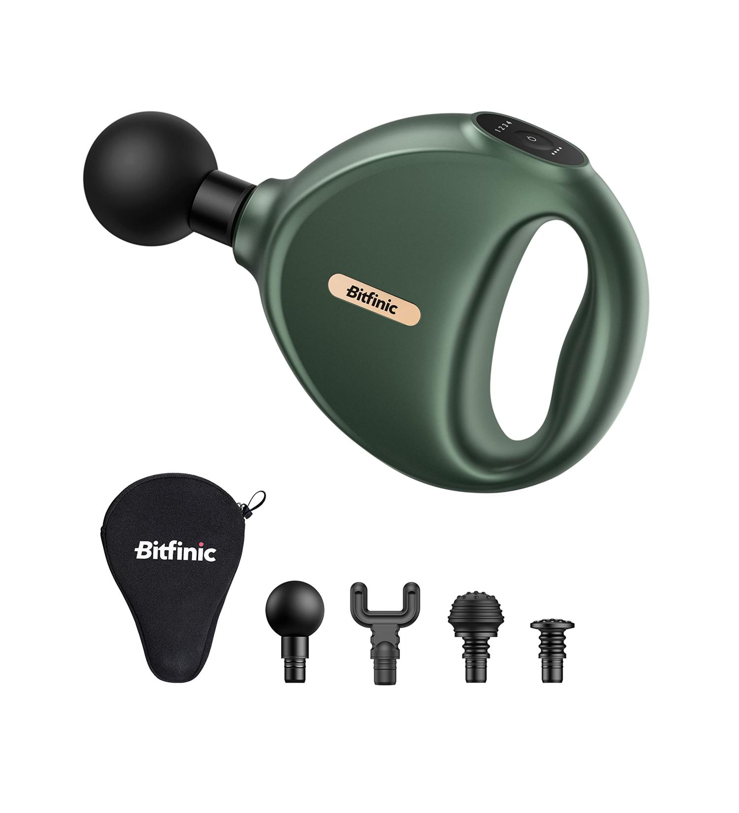 Bitfinic Mini Massage Gun - Portable Deep Tissue Percussion Massager for Pain Relief | 4 Speed High-Intensity, 4 Massage Heads | Green - Buy Online on GoSupps.com