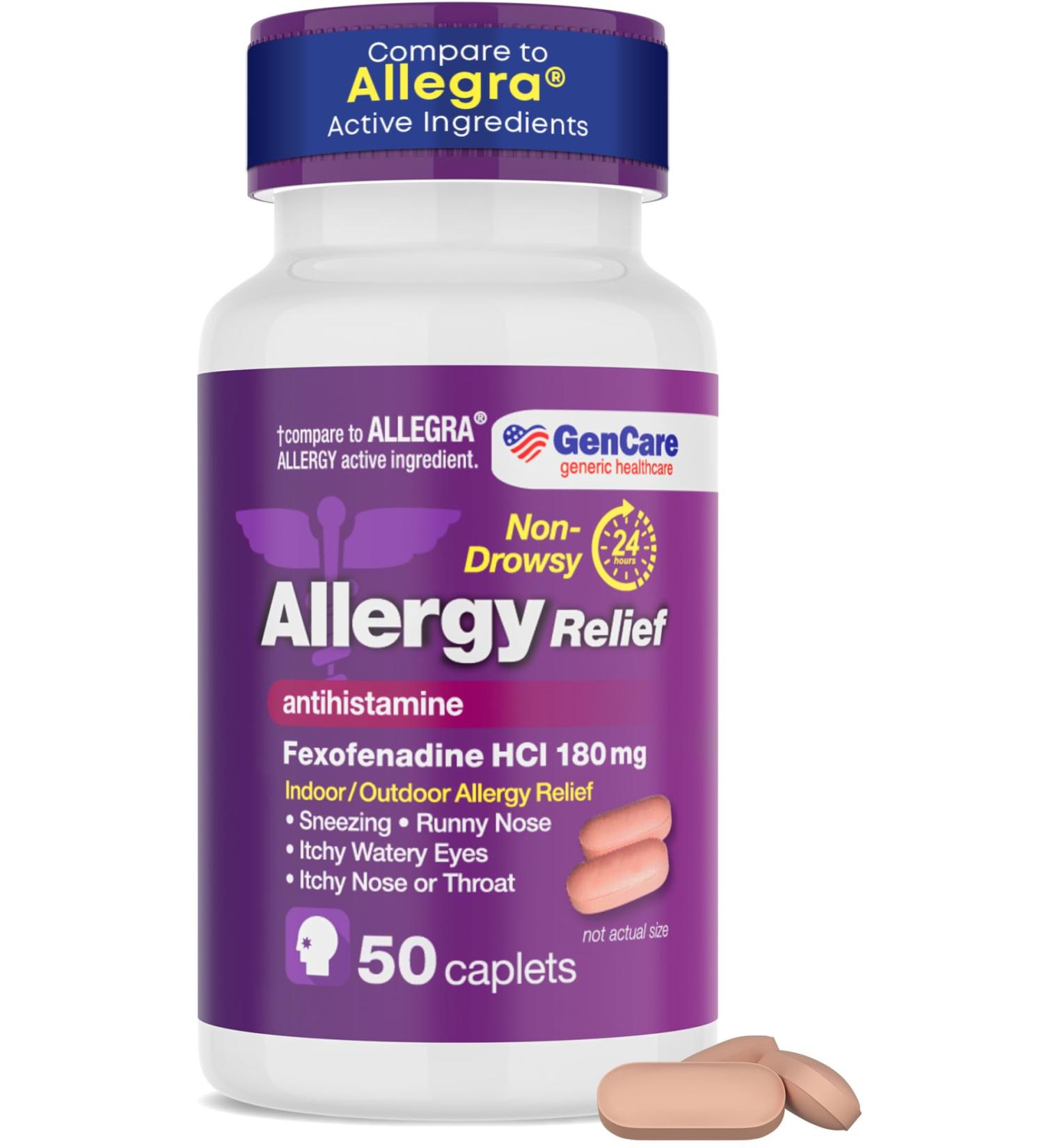 GenCare - Allergy Relief Pills | Fexofenadine HCl 180mg 50 Tablets | Non Drowsy Antihistamine Allergy Pills for Hay Fever Seasonal Allergies Outdoor & Indoor Allergies | Relieves Itchy Eyes & Nose 50 Count (Pack of 1) - Buy Online on GoSupps.com