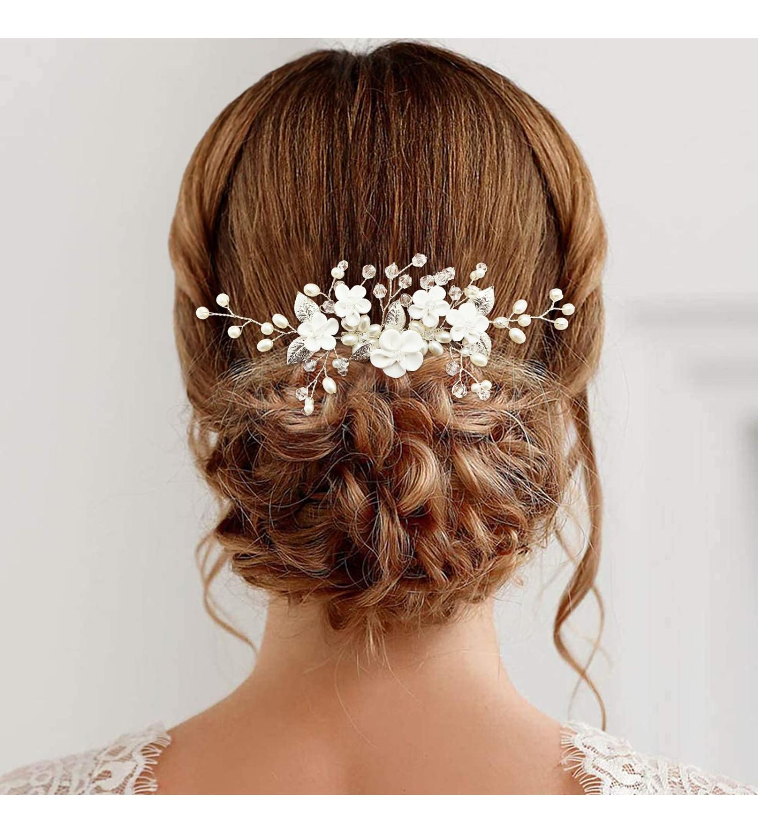 White Flower Bridal Hair Vine with Pearl, Rhinestone, and Silver Leaf Comb - Wedding Hair Accessories for Women and Girls - Buy Online on GoSupps.com