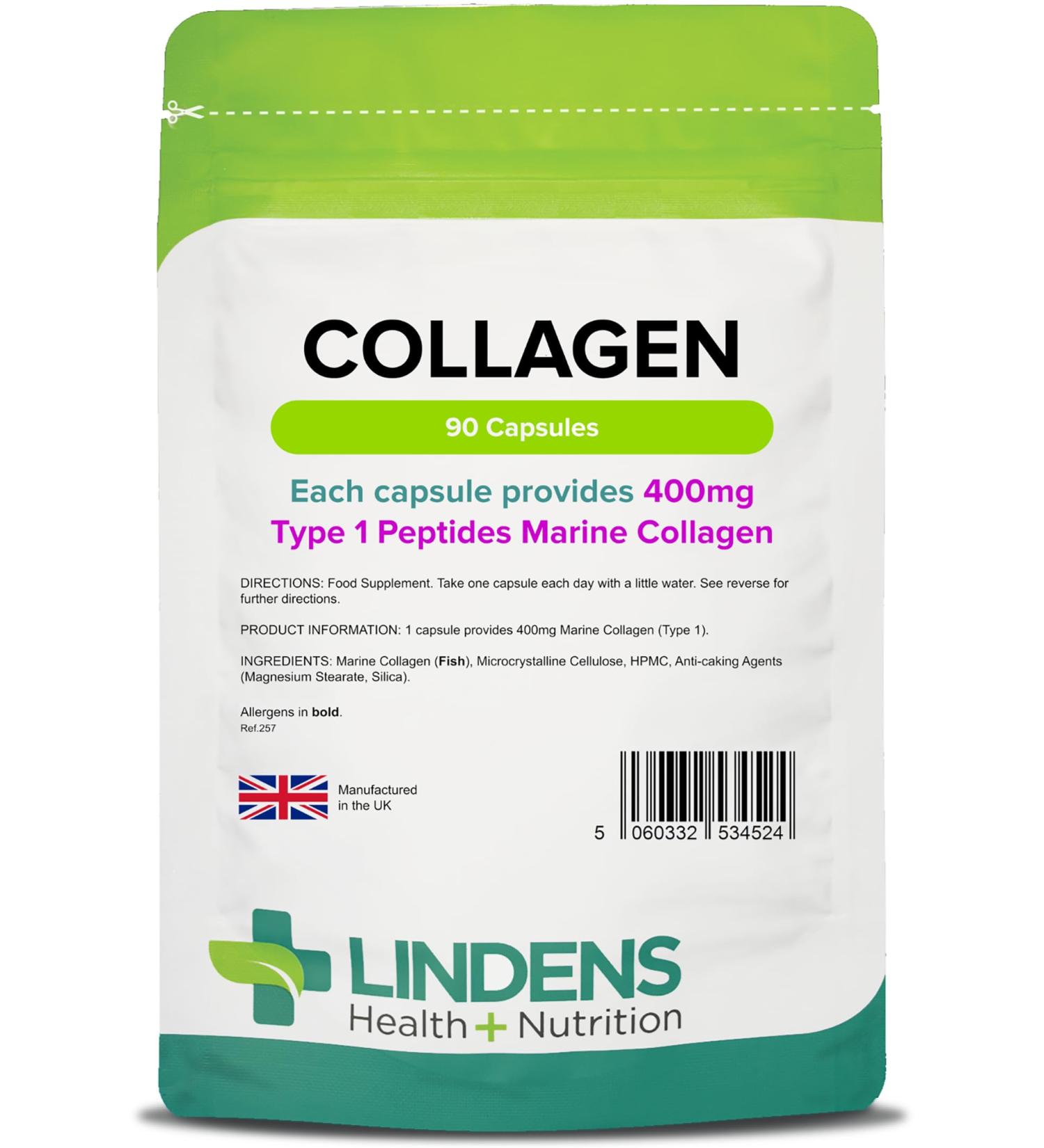 Lindens - Collagen 400mg - 90 Capsules - One-A-Day - UK Made - Marine Source Hydrolysed Collagen - Supports Bones Cartilage Ligaments Tendons and Connective Tissues - Letterbox Friendly