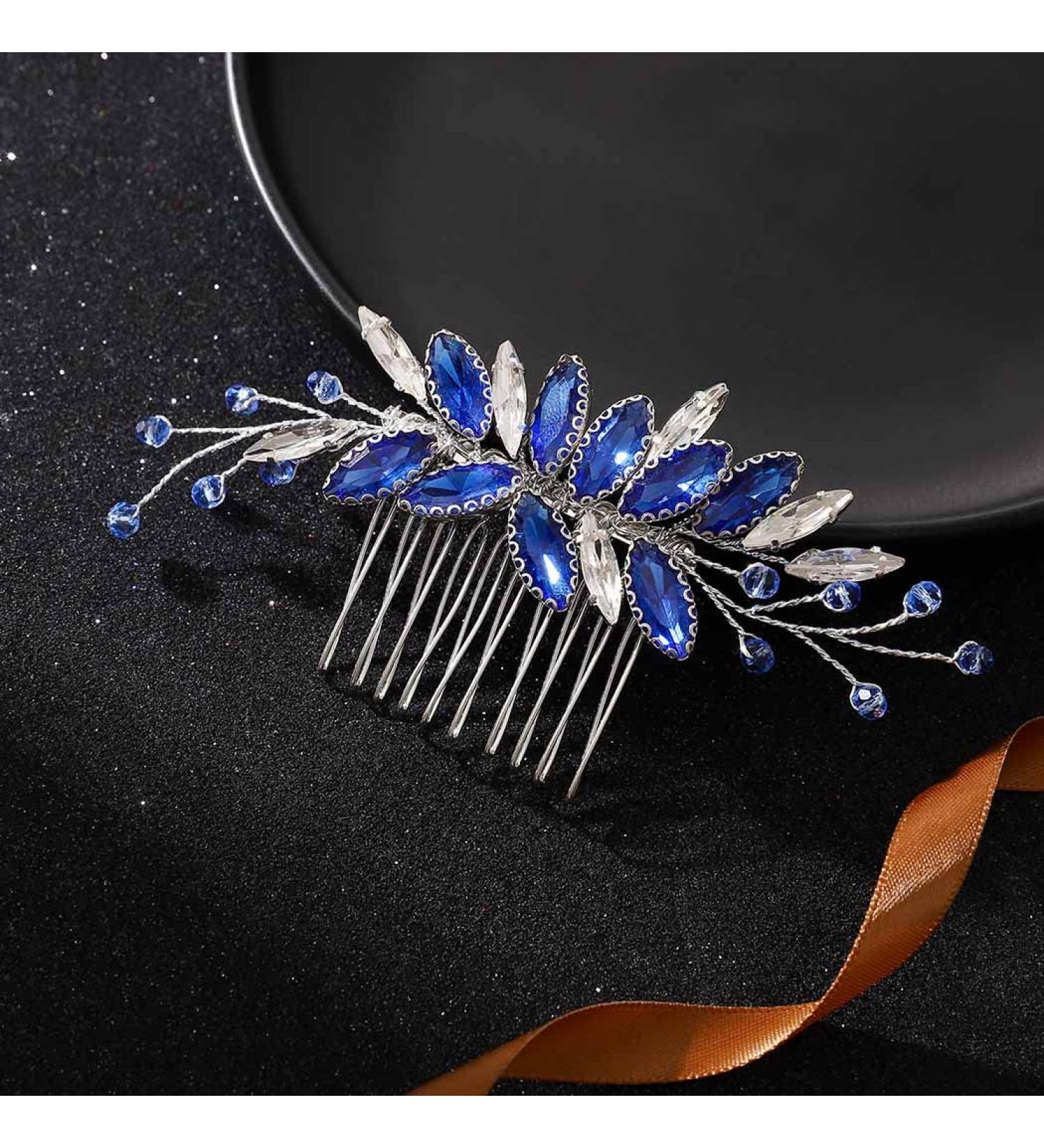 Latious Bride Wedding Hair Comb - Silver Crystal Blue Rhinestone Hair Clip - Buy Online on GoSupps.com