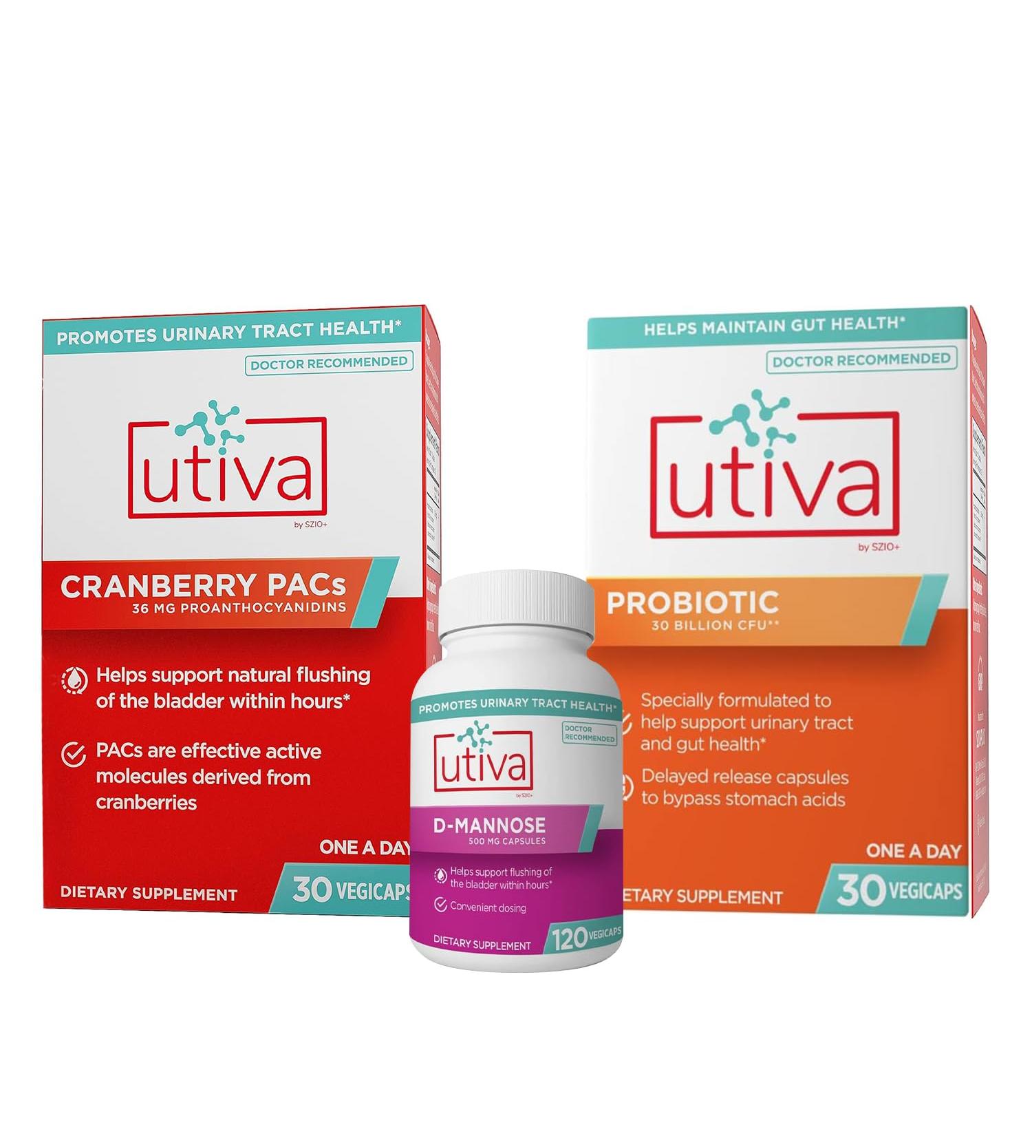 Szio+ 10% Bundle Utiva Cranberry PACs 30 Vegi Capsules + Utiva D-Mannose 500mg 120 Capsules + Utiva Probiotic 30 Delayed Release Vegi Capsules - Buy Online on GoSupps.com