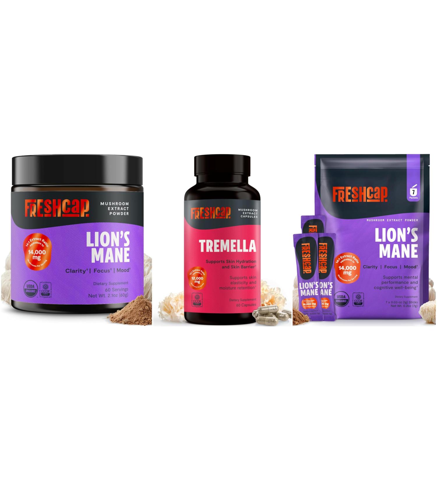 FreshCap Daily Clarity & Glow Wellness Trio Lion s Mane Powder Tremella Beauty Capsules & On-The-Go Lion s Mane Sticks - Buy Online on GoSupps.com