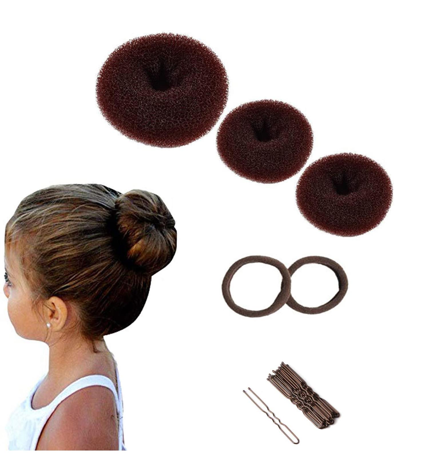 3-Piece Donut Hair Bun Maker Set | Brown Hair Accessories for Girls & Women | Includes 2 Elastic Bands & 10 U-Shape Hairpins - Buy Online on GoSupps.com
