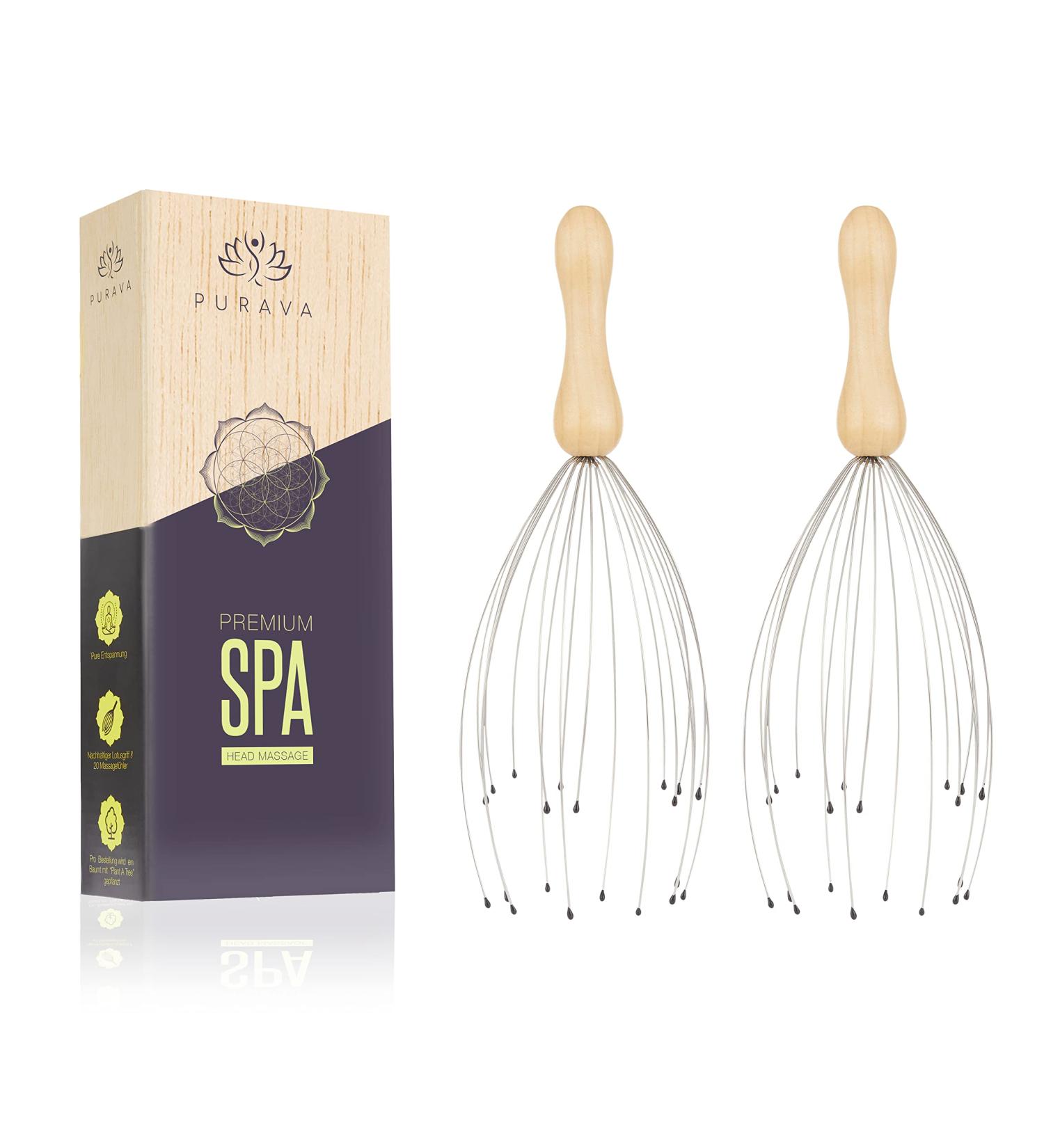 PURAVA Original Head Massager - Improved Design for Relaxation and Scalp Stimulation - Pack of 2 Silver + Wood - Buy Online on GoSupps.com