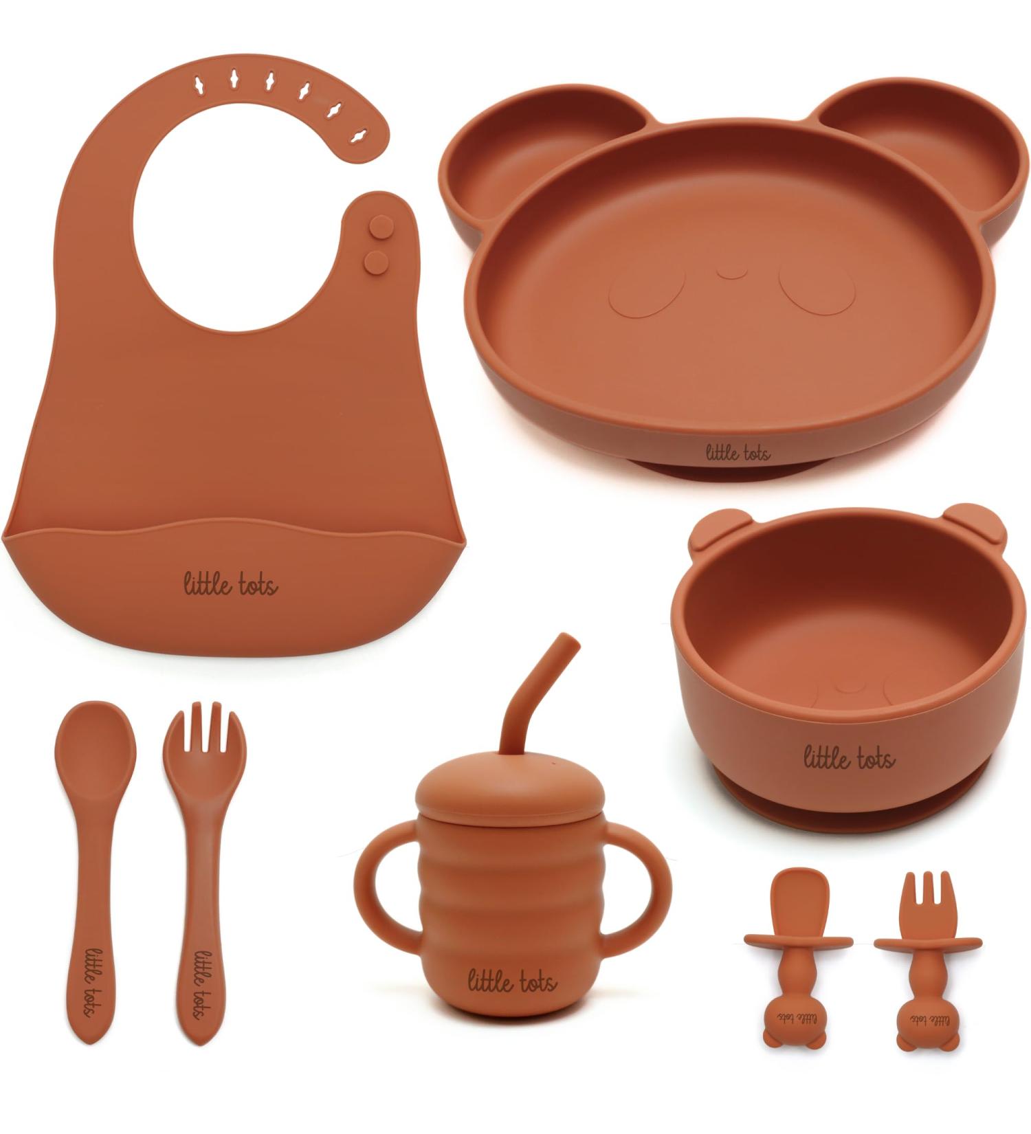 Little Tots 8 Piece Baby Weaning Set | Silicone Suction Plate, Bowl, Bib, Sippy Cup, Straw, Toddler Spoon & Fork, Cutlery | Apricot Orange - Buy Online on GoSupps.com