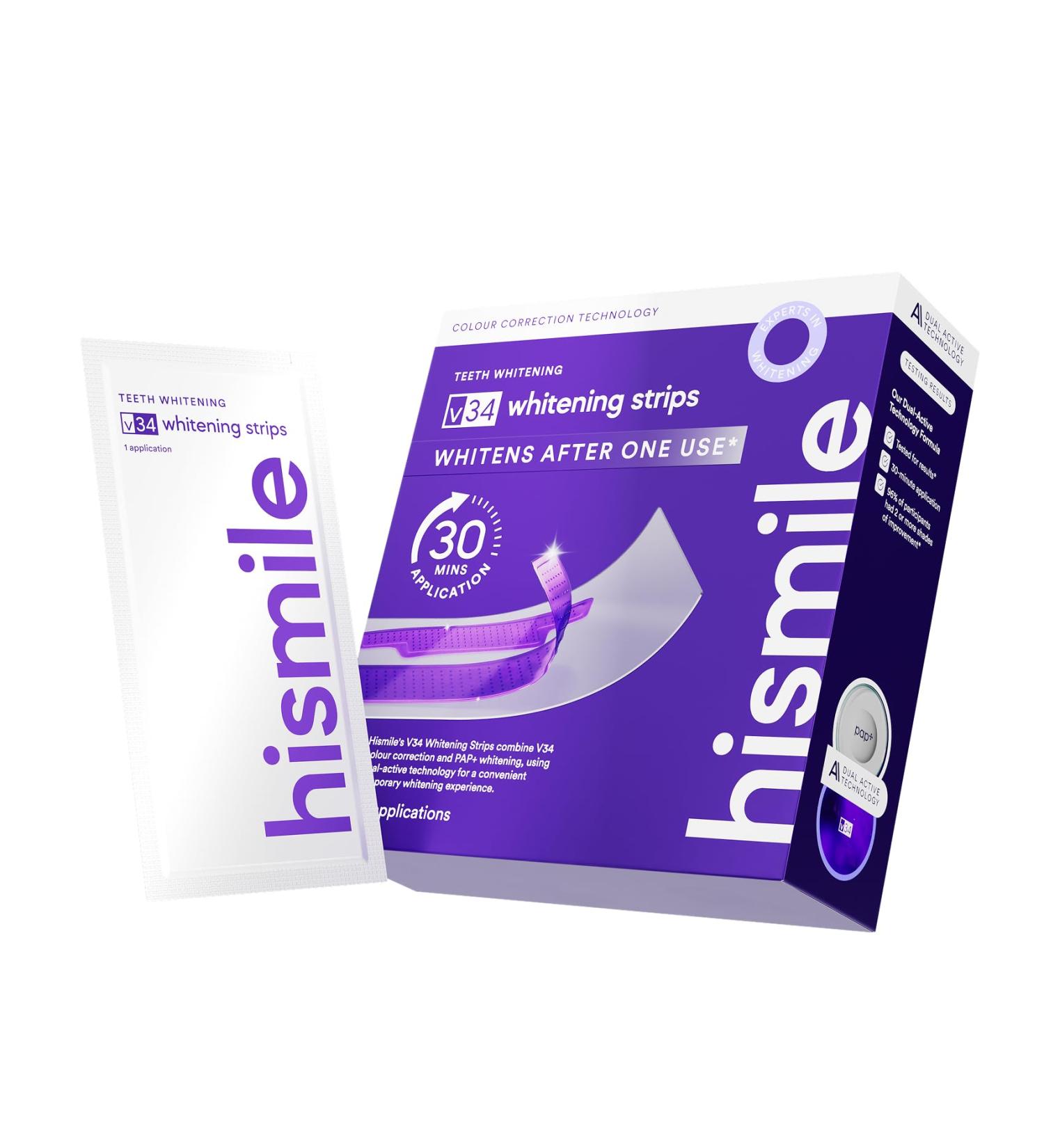 Hismile V34 Whitening Strips Teeth Whitening Strips Purple Tooth Whitening Purple V34 Whitening Strips Tooth Stain Treatment Combining Whitening and Colour Correction 1 Count (Pack of 14) - Buy Online on GoSupps.com