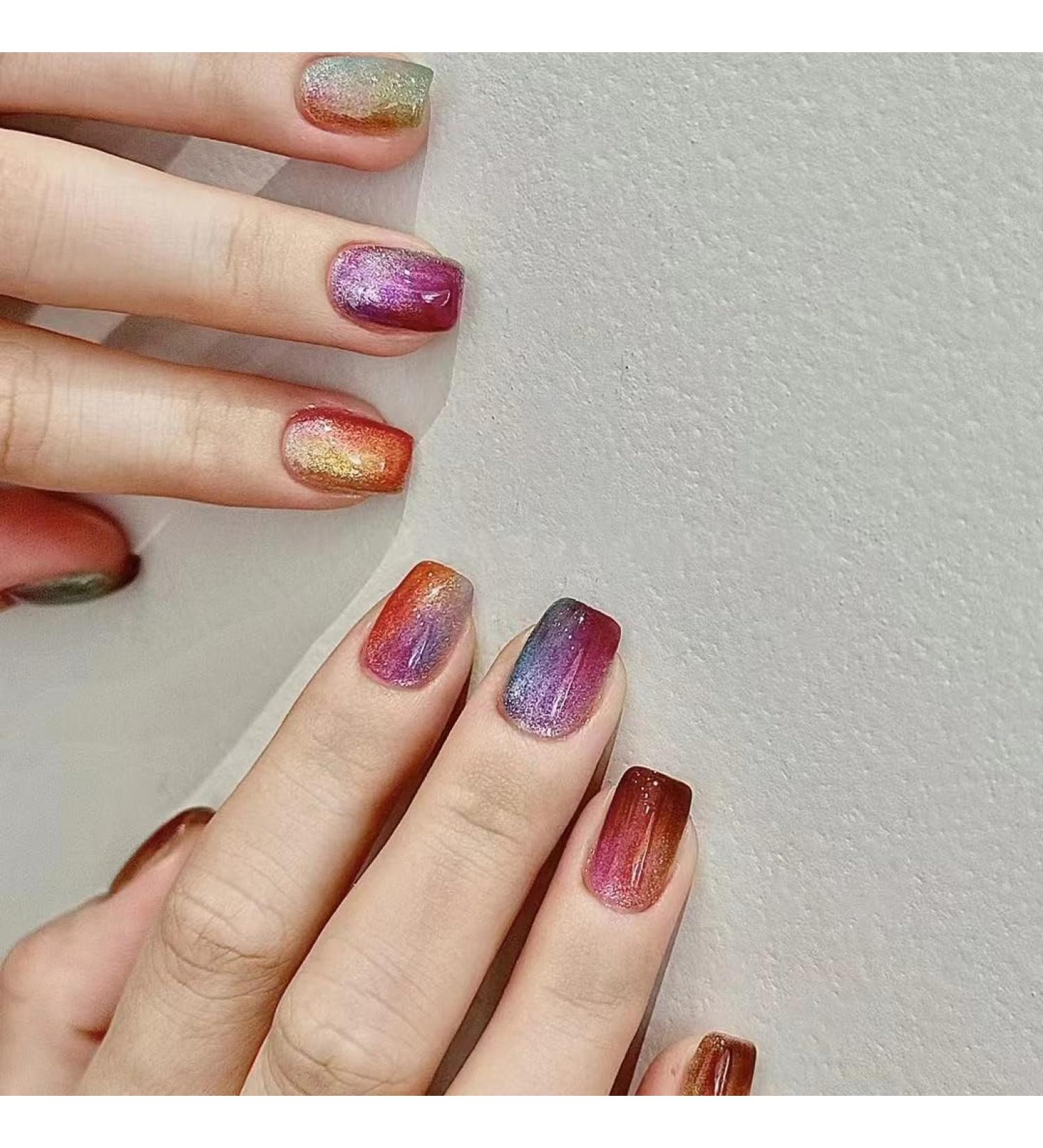 Buy Square Press on Nails - 30Pcs Ombre Colorful Acrylic False Nails for Women | Rainbow Gradation Doodle Art | Glossy Gel Stick on Nails - International Shipping Available - Buy Online on GoSupps.com