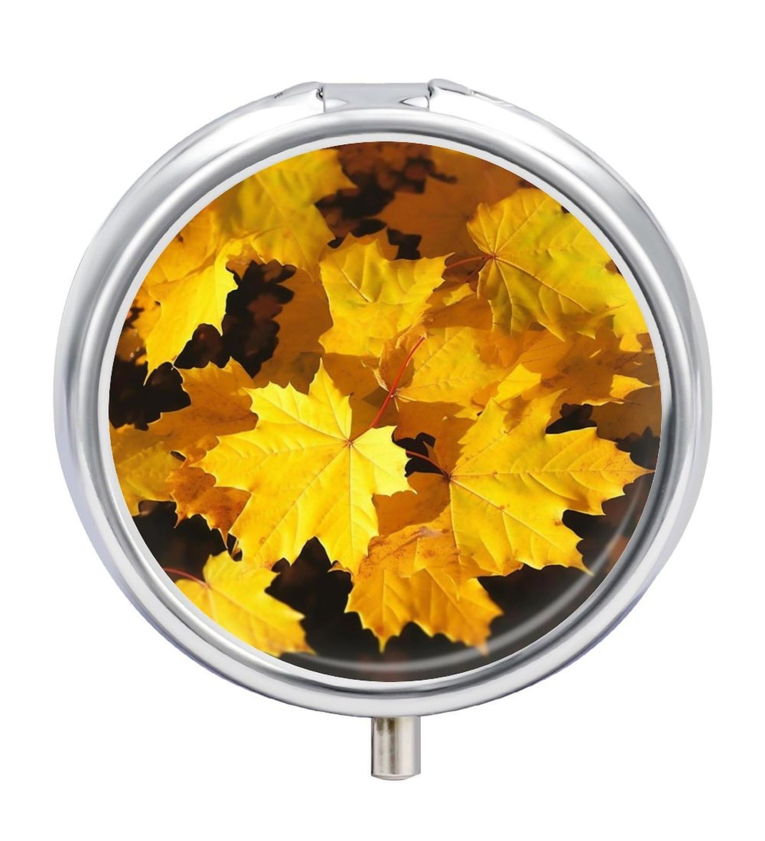 Travel Pill Box with Yellow Maple Leaves - 3 Compartment Portable Pill Organizer for Purse & Pocket - Buy Online on GoSupps.com