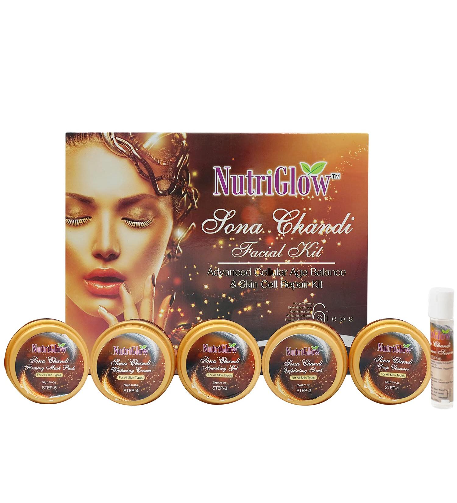 Nutriglow Sona Chandi Facial Kit 6-Pieces Skin Care Set with Deep Cleanser Scrub Nourishing Gel Whitening Cream Mask Pack and Serum 250 Gm+10 Ml - Buy Online on GoSupps.com
