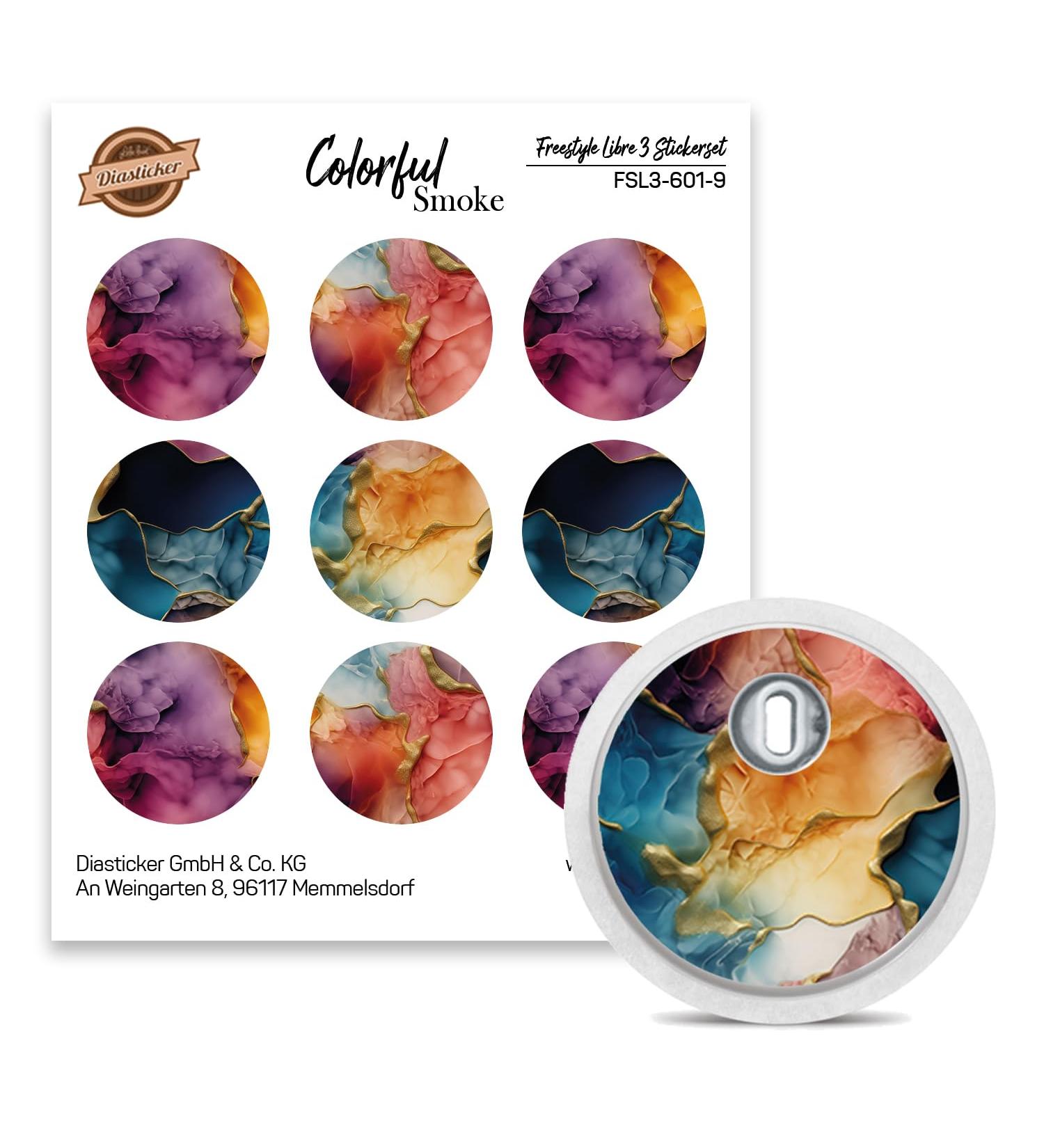 FreeStyle Libre 3 Sensor Sticker - Set of 9 "Colorful Smoke" - Stickers for sensors | Diasticker