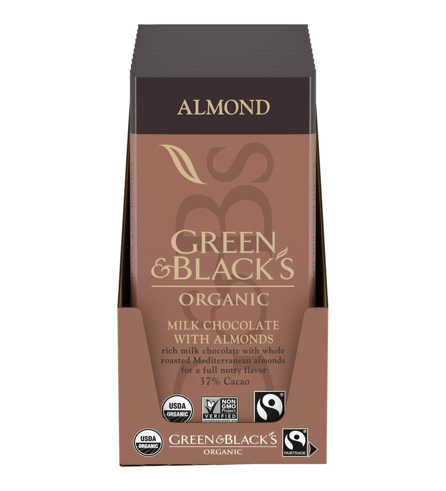 Green & Black's Organic Milk Chocolate with Almonds Bar 34% Cacao - 10 Pack - Buy Online on GoSupps.com
