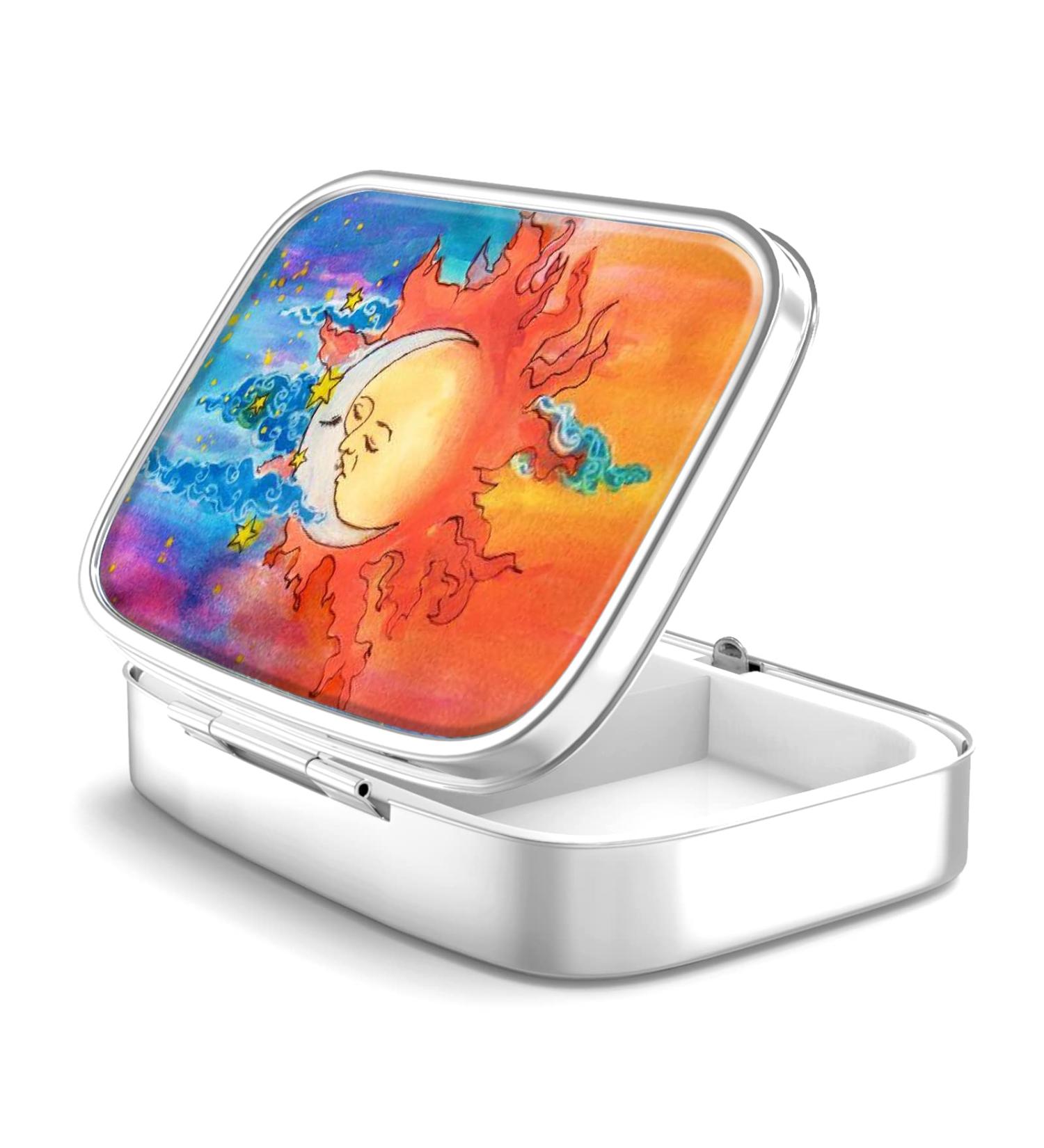 Portable 2-Compartment Pill Box - Decorative Metal Medicine Organizer | Unique Gift - Sun Kiss Moon Design - Buy Online on GoSupps.com
