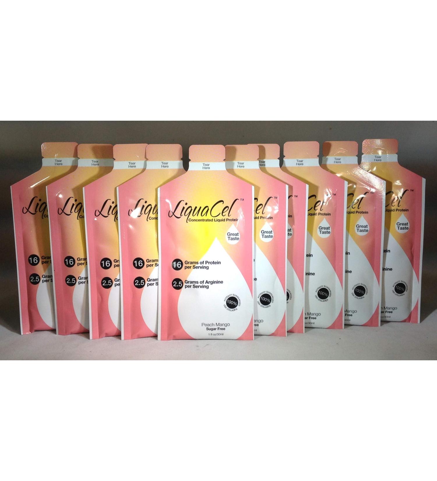 LiquaCel Liquid Protein 16g Peach Mango Collagen Whey Arginine per 1oz Serving 10 Packets