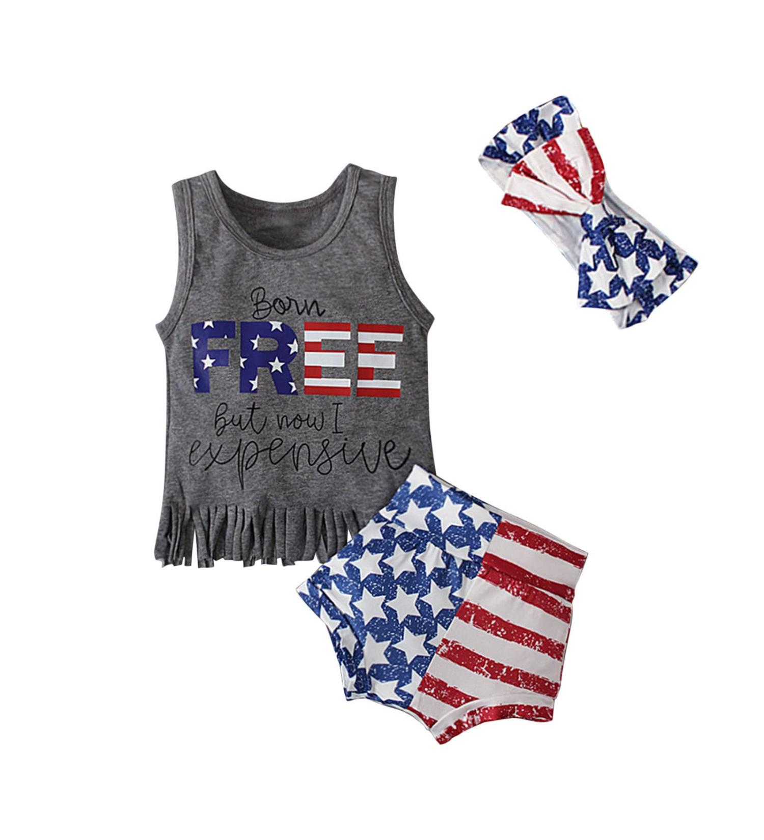 Binmer Toddler Baby Girl 4th of July Outfit Set with Sleeveless Funny Print Top, American Flag Shorts, and Hairband | Gray 12-18 Months - Buy Online on GoSupps.com