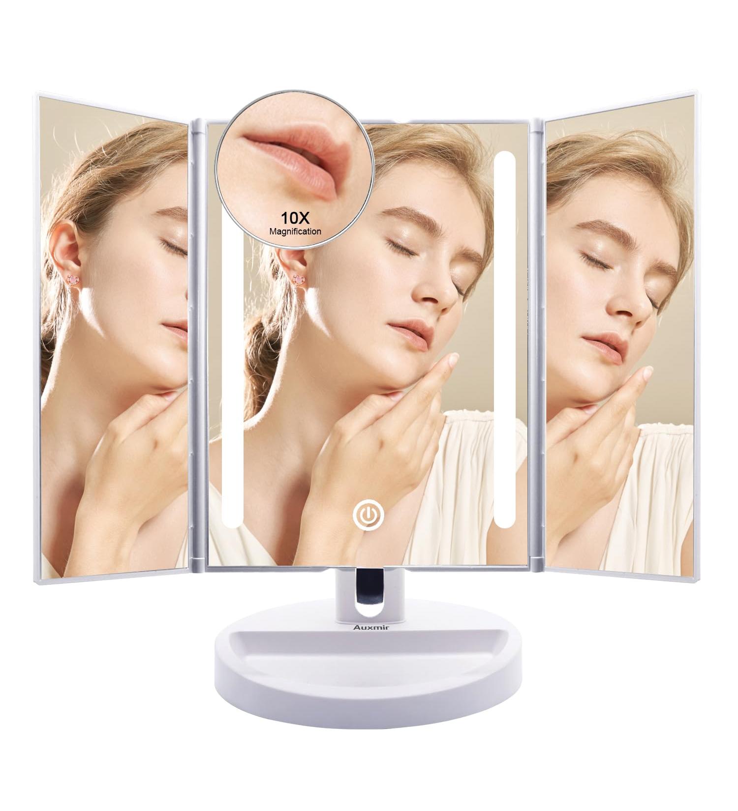 Auxmir Vanity Makeup Mirror with Natural LED Lights 1x/10x Trifold Magnifying Mirror Dual Power Cosmetic Mirror with Touch Screen 180 Brightness Adjustable Lighted Dressing Mirror - Buy Online on GoSupps.com