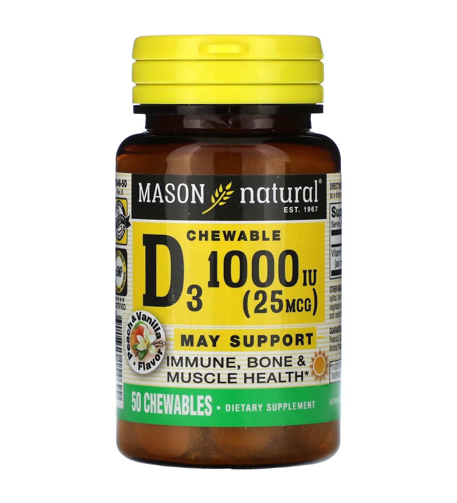 Mason Natural Vitamin D3 1000iu Chewable Tablets Peach Vanilla Flavor - 50 Ea