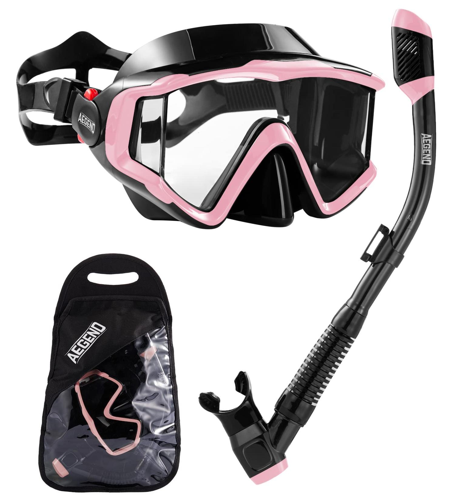 Aegend Adult Snorkeling Gear Set - Dry Snorkel, Panoramic View, Anti-Leak, Anti-Fog - Pink - Buy Online on GoSupps.com