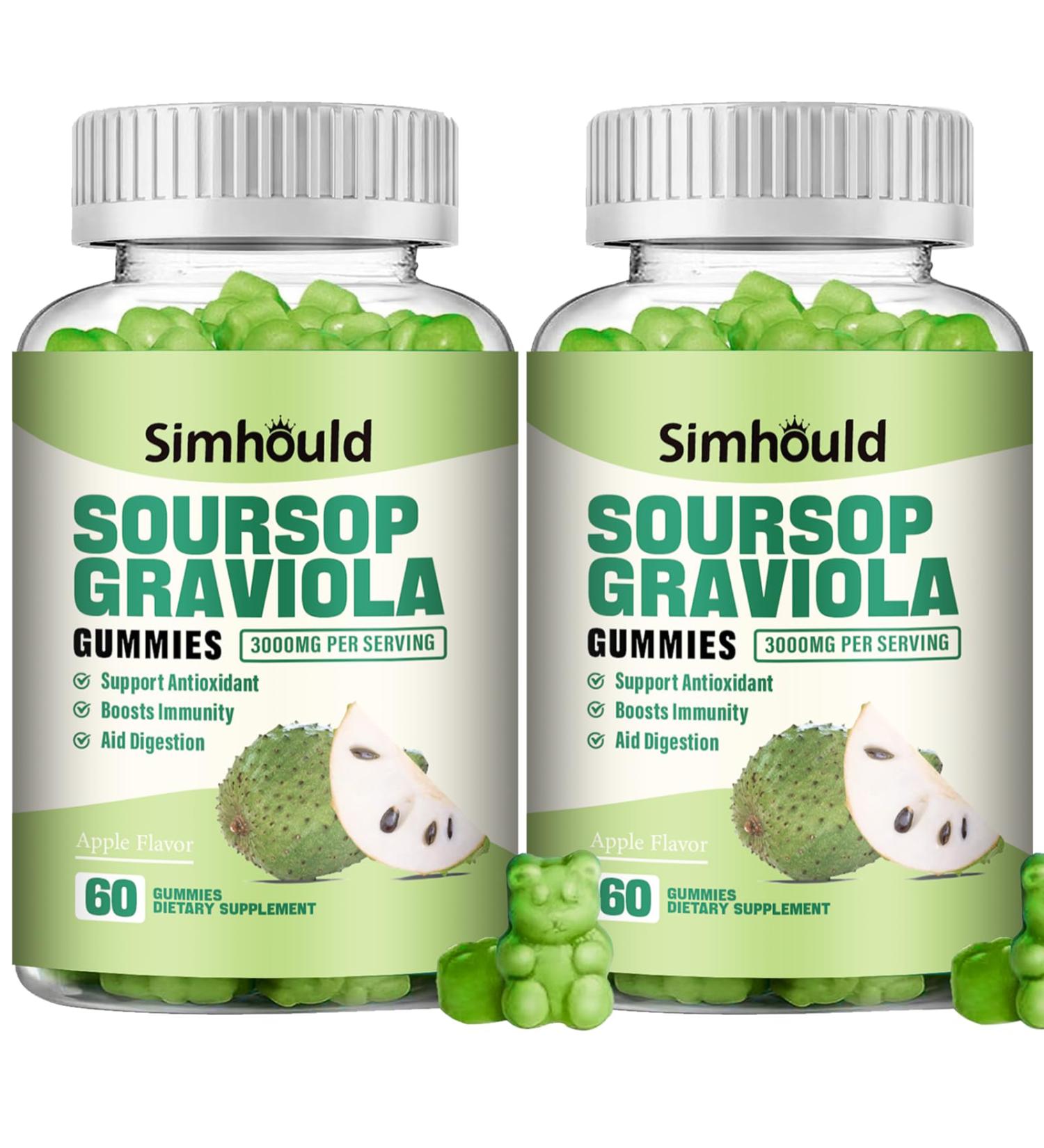 2 Pack Soursop Graviola Gummies - 3000mg Extra Strength Soursop Leaves Supplement with Vitamin C Zinc - Digestive Aid Immune Support & Antioxidant - Sugar-Free Non-GMO Vegan 120 Counts 60 Count (Pack of 2) - Buy Online on GoSupps.com