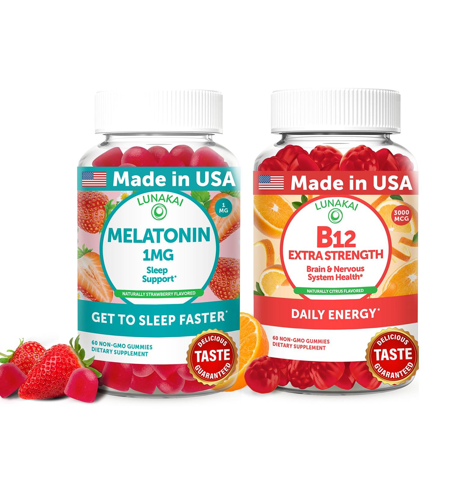 Lunakai USA Made Low Dose Melatonin & B12 Gummies Bundle Sleep Support & Daily Energy 60 Non-GMO Gummies Each - Buy Online on GoSupps.com