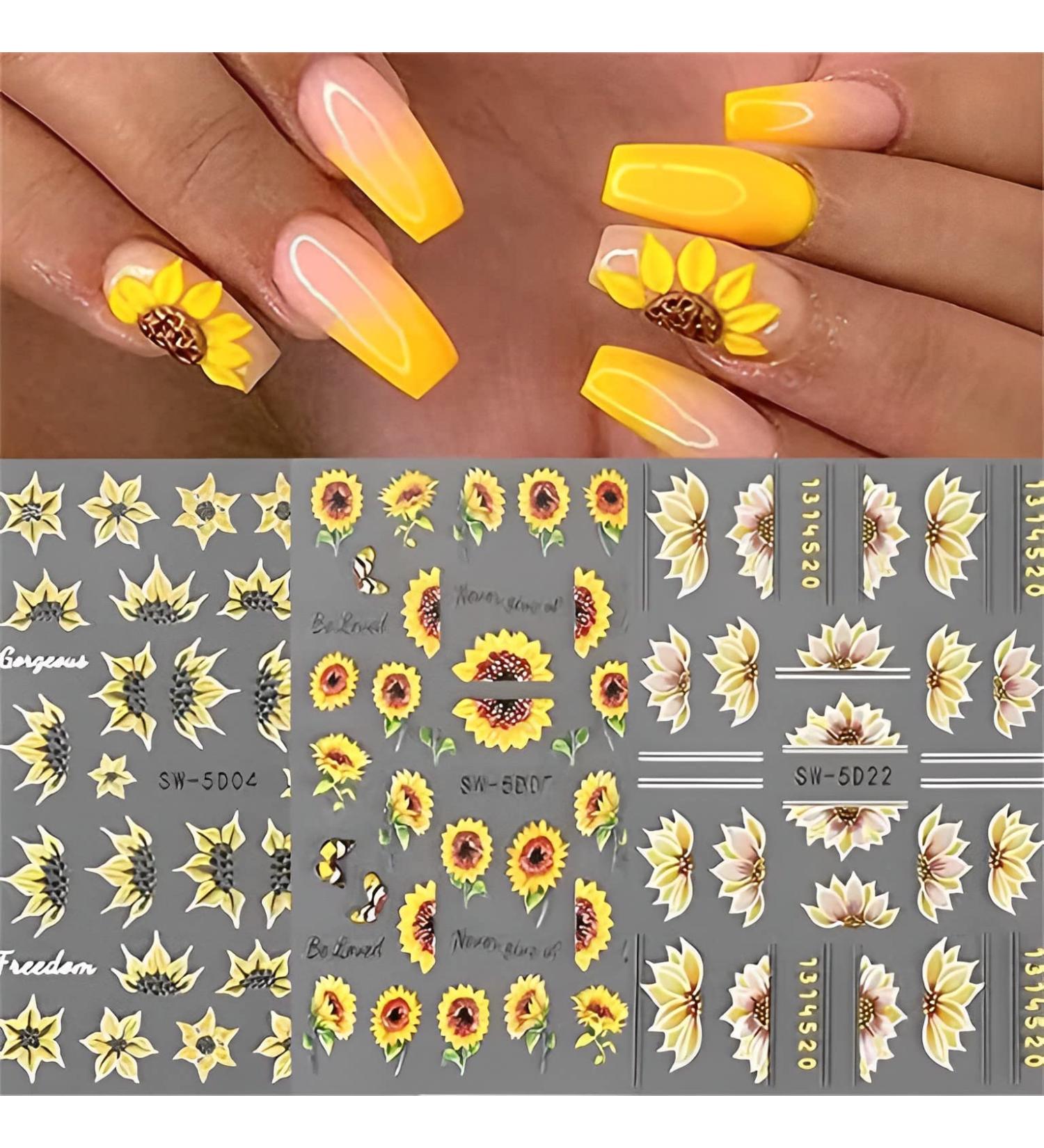 5D Flower Embossed Sunflower Nail Stickers - Self Adhesive Design for Acrylic Nails - Summer Nail Art Decoration for Women/Girls - Buy Online on GoSupps.com