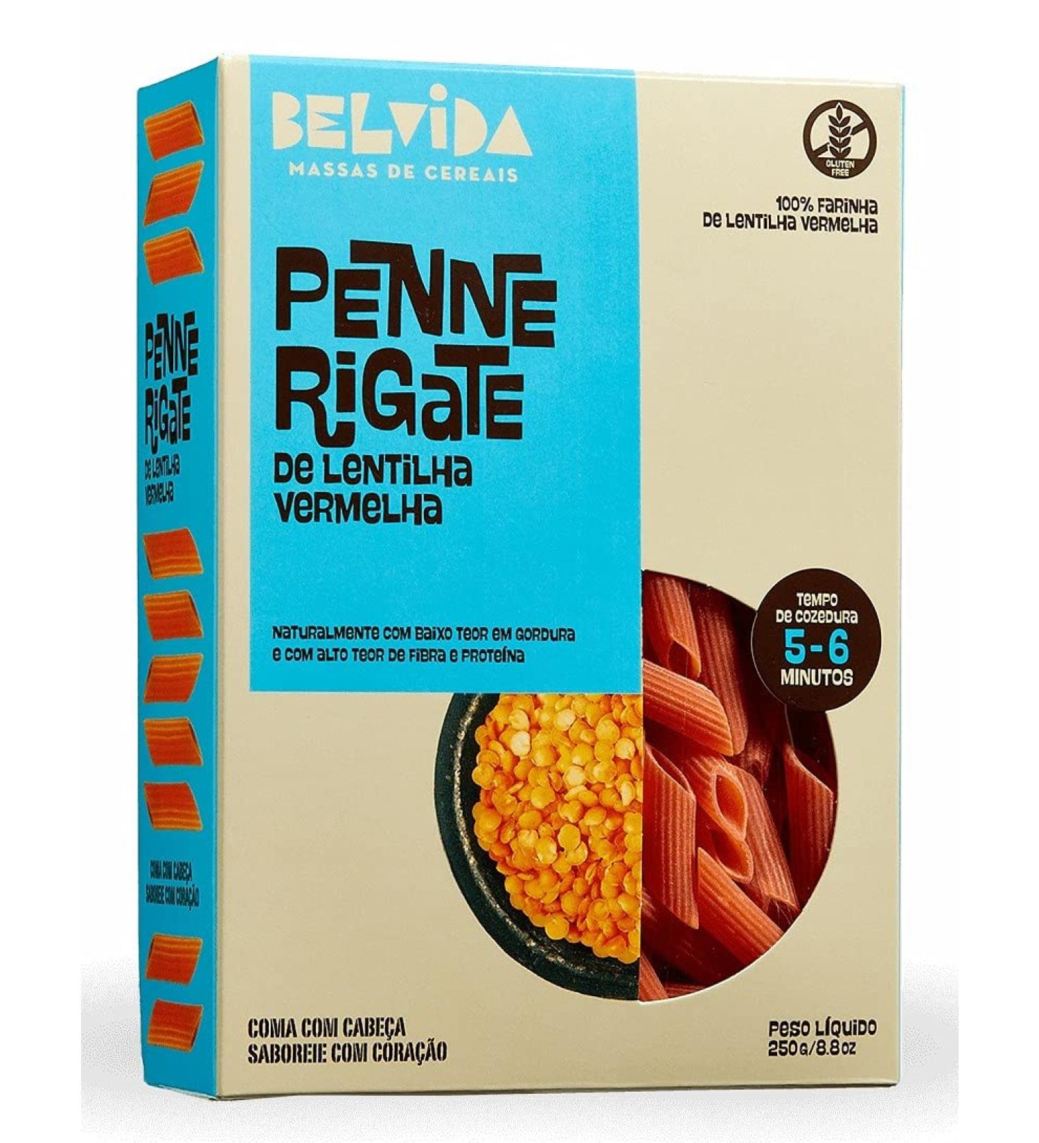 Belvida Pasta - Gluten Free and GMO free - Red Lentils Penne Rigate pasta - 3 x 250gr / 8.8oz