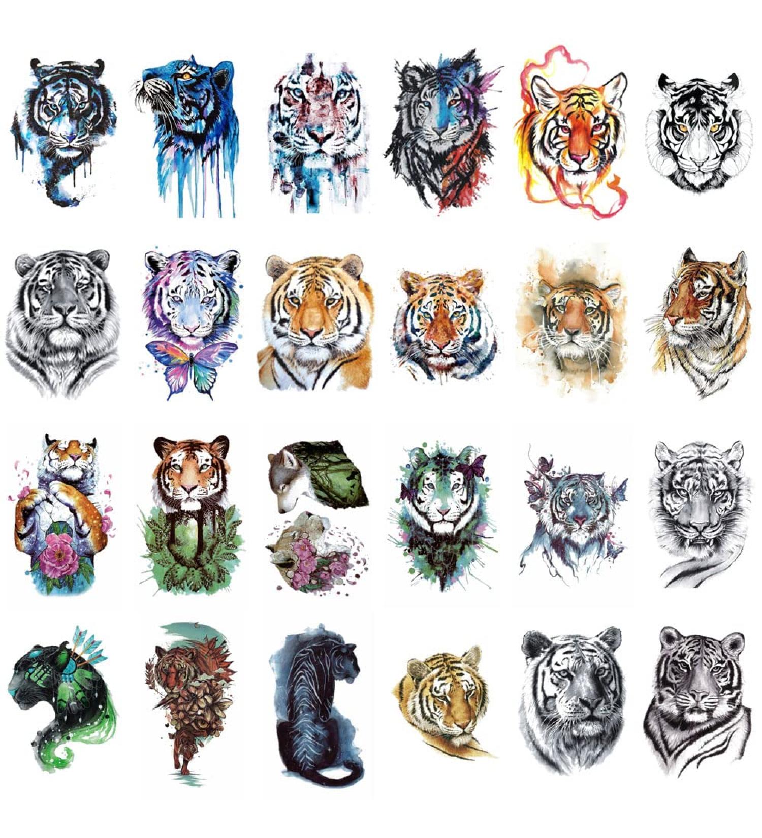 Wyuen 24 Sheets Tiger Temporary Tattoo Sticker Women Men Animal Tattoos Body Art Waterproof Hand Fake Sticker W11
