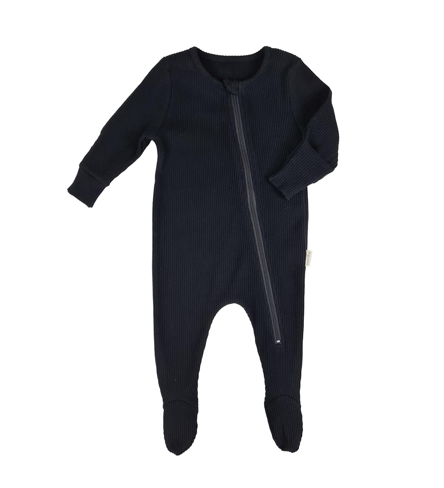 Ribbed Cotton Zip Up Baby Sleepsuits for Newborns | Unisex Footed/Footless 0-3 Months Black - Buy Online on GoSupps.com