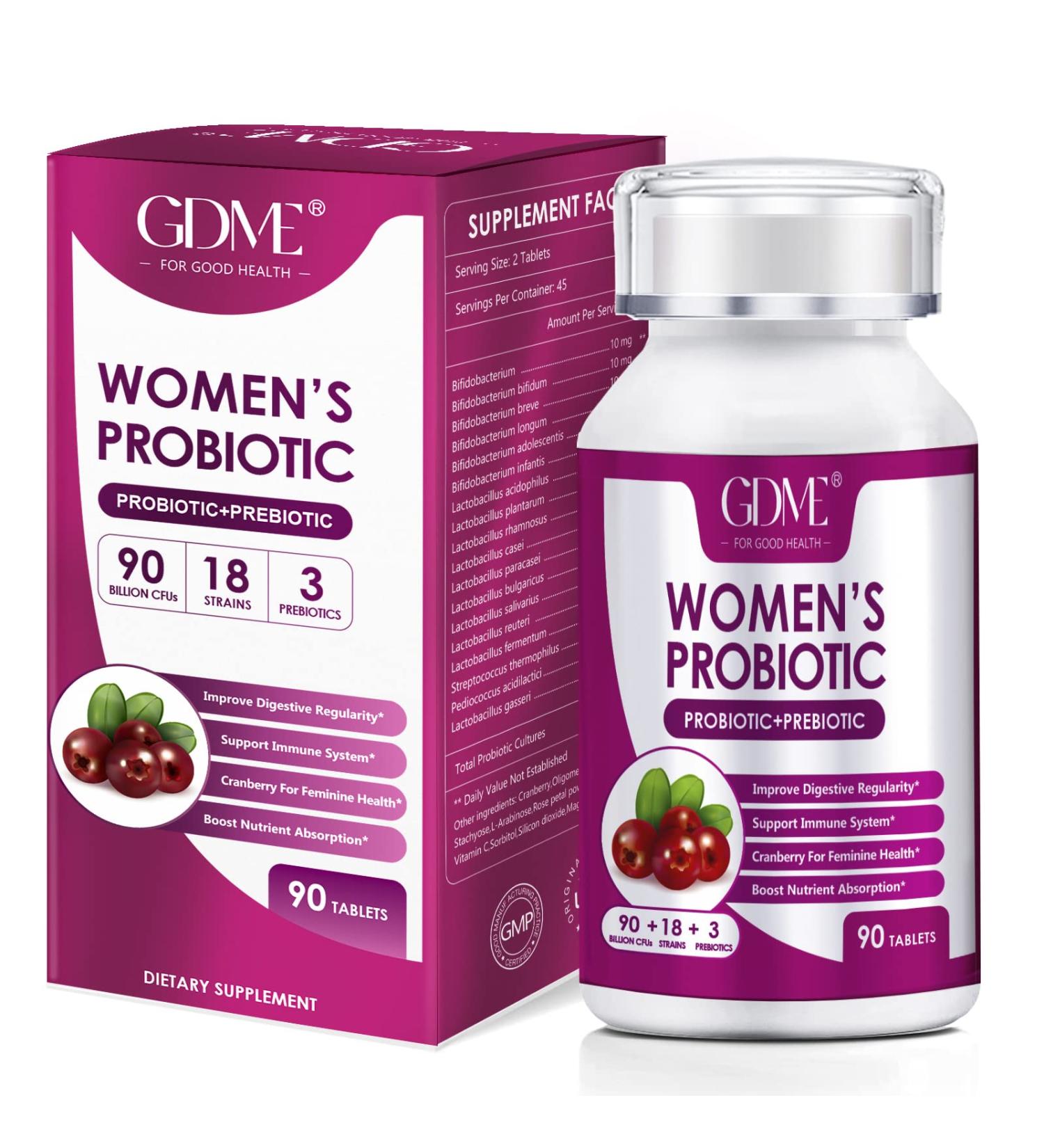 GDME Women's Probiotics 90 Tablets - 90 Billion CFU, 18 Strains with Organic Prebiotic Cranberry - Digestion, Immunity, Women's Health - Soy, Gluten, Dairy Free - Buy Online on GoSupps.com