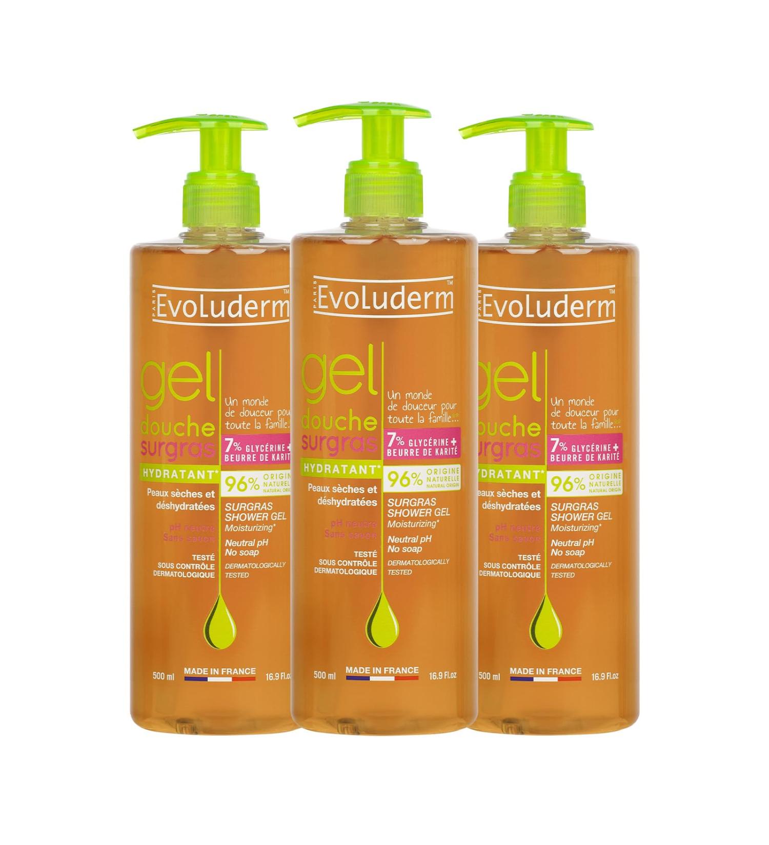  Evoluderm EVOLUDERM Extra-Rich Moisturizing Shower Gel 500 ml 96% Natural Origin Vegan Made in France Pack of 3 x 500 ml - Buy Online on GoSupps.com