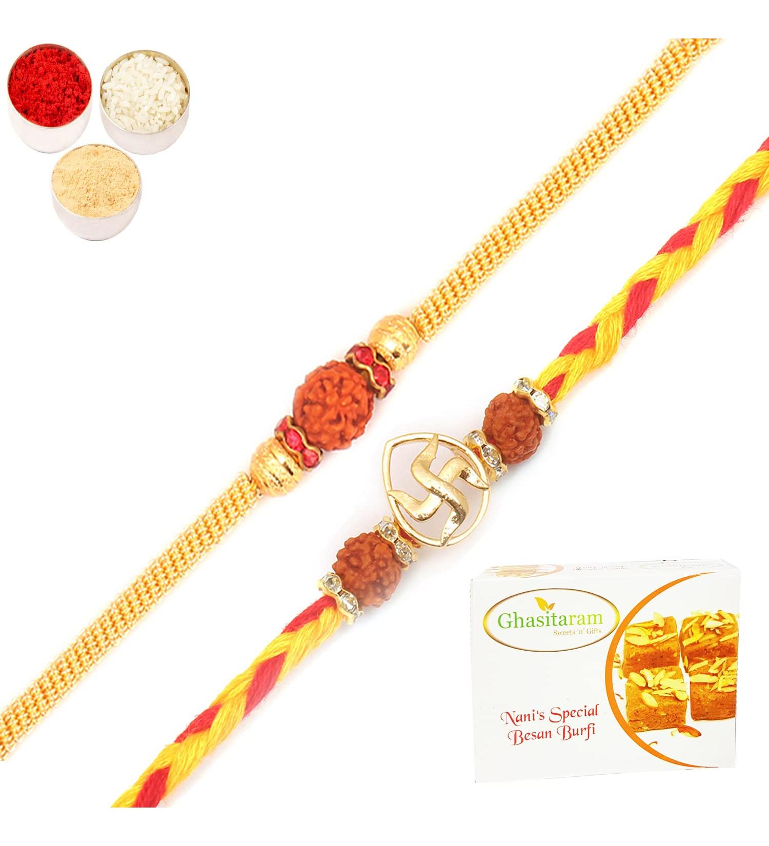 Ghasitaram Gifts Rakhi for Brother Rakhis Online - Set of 2 RM605 and R50016 Premium Rakhis with 400 GMS of Besan Barfi - Buy Online on GoSupps.com