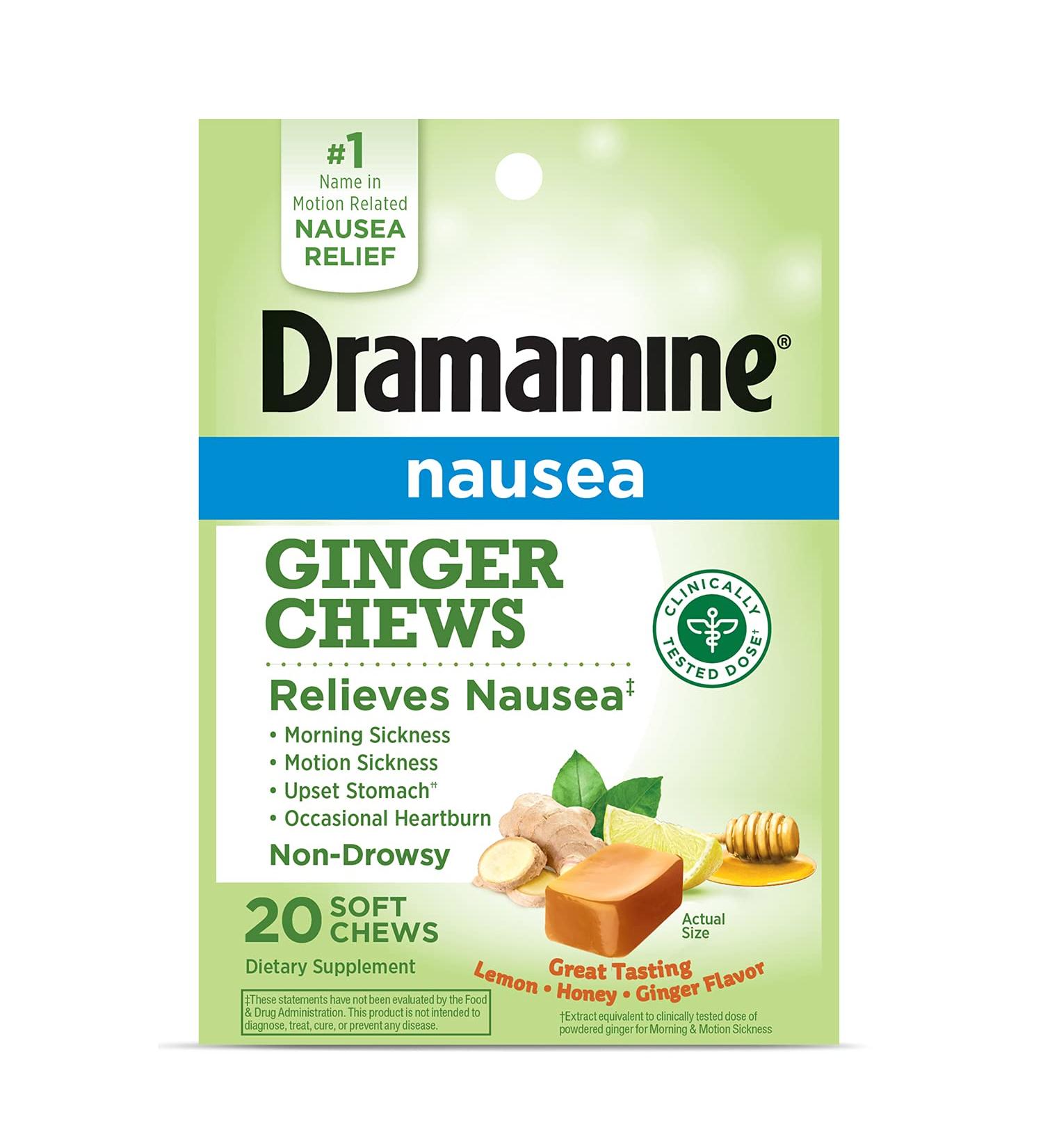 Dramamine Ginger Chews - Lemon Honey Ginger Flavor (20 Soft Chews) | Nausea Relief - Buy Online on GoSupps.com