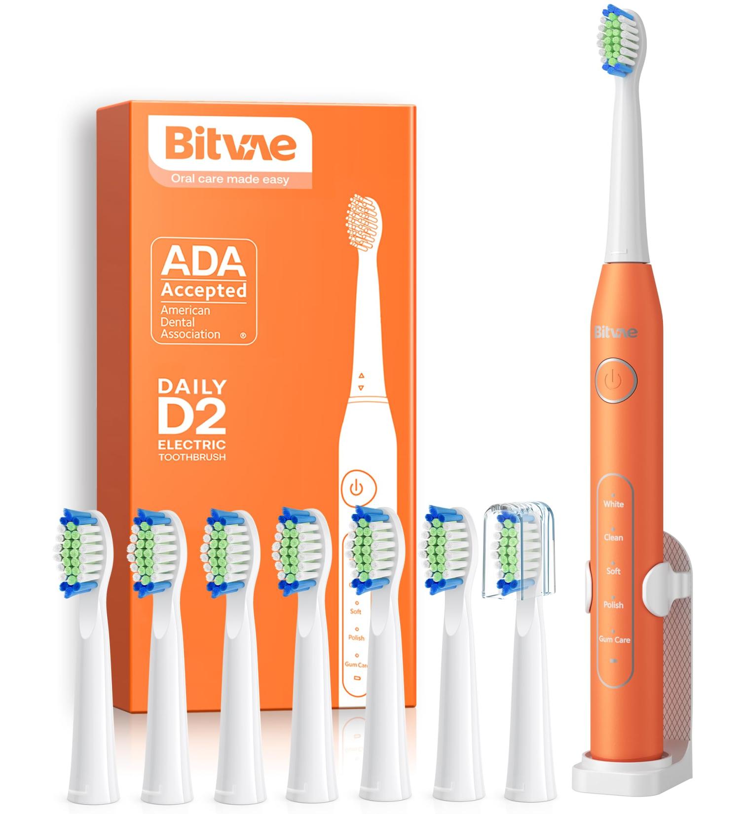 Bitvae D2 Ultrasound Electric Toothbrush - Rechargeable Sound Toothbrush for Adults & Children | 8 Heads 5 Modes | K-Orange - Buy Online on GoSupps.com
