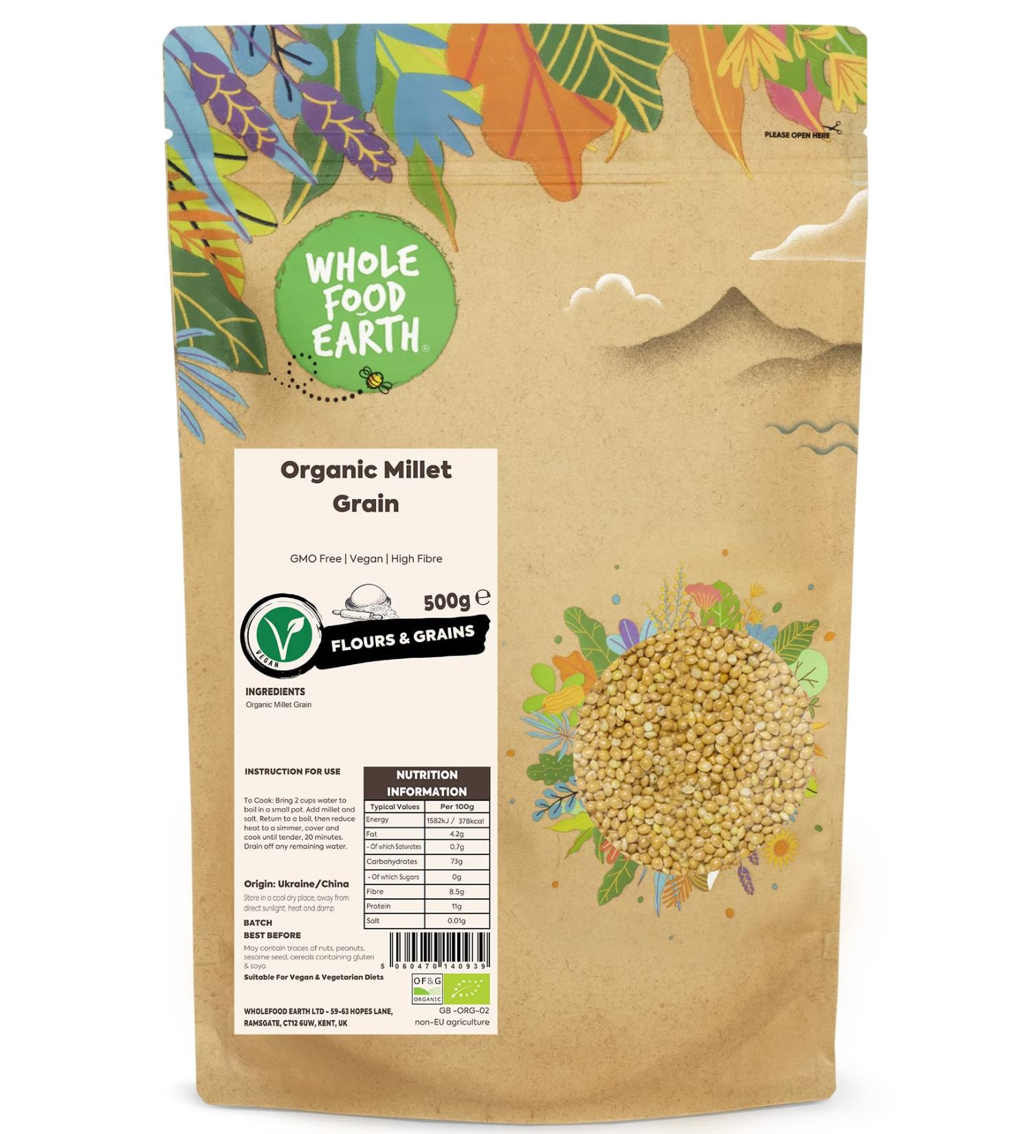 Wholefood Earth Organic Millet Grain 500g | GMO Free | Vegan | High Fibre | Certified Organic - Buy Online on GoSupps.com