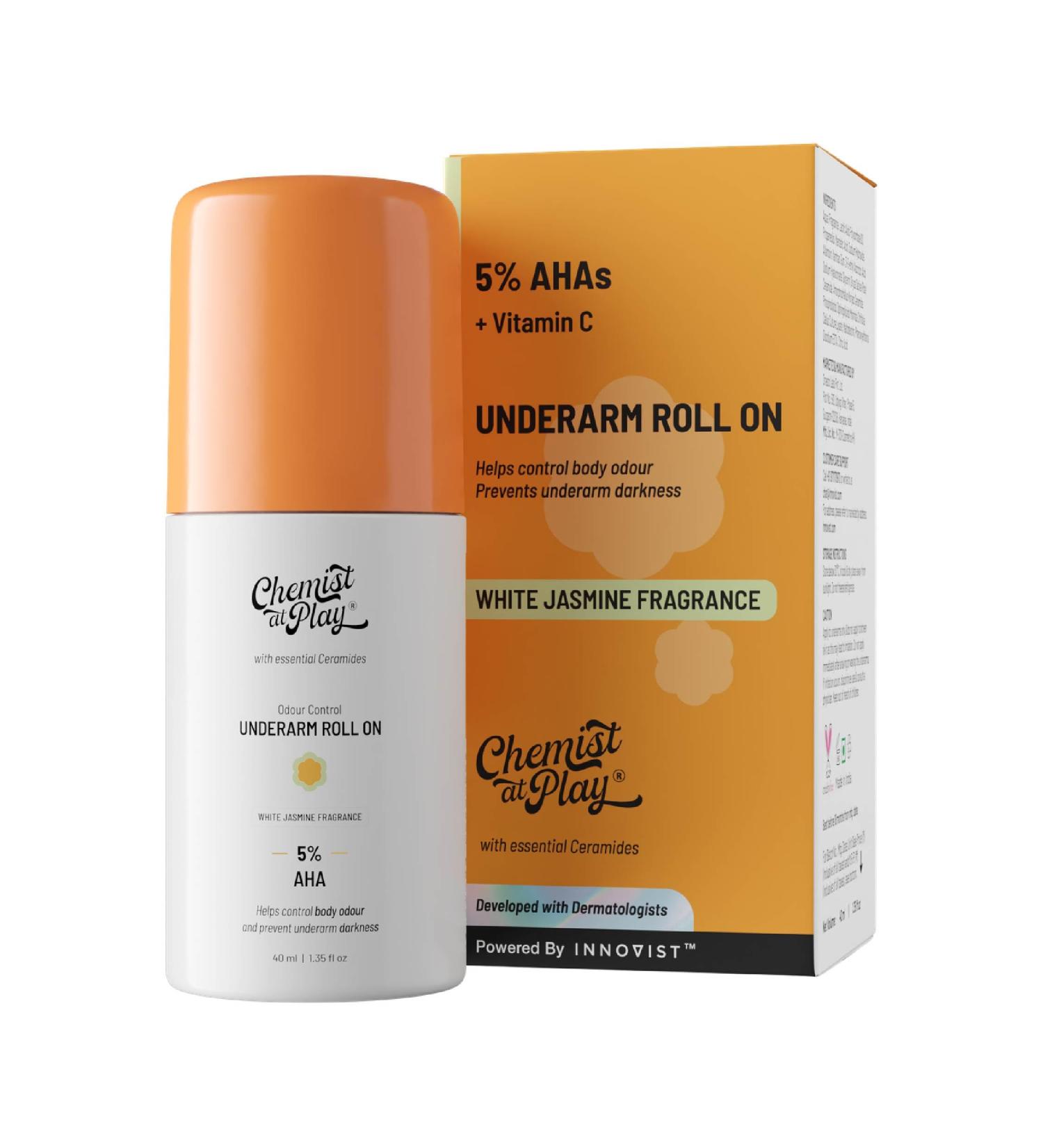 UnderArm Roll-On with 5% AHA Lactic Acid & 1% Mandelic Acid | Prevents Body Odour Brightens Skin & Exfoliates Underarm | For Sensitive Skin |White Jasmine Fragrance|Alcohol Free-40ml 1.4 Fl Oz (Pack of 1) Jasmine - Buy Online on GoSupps.com