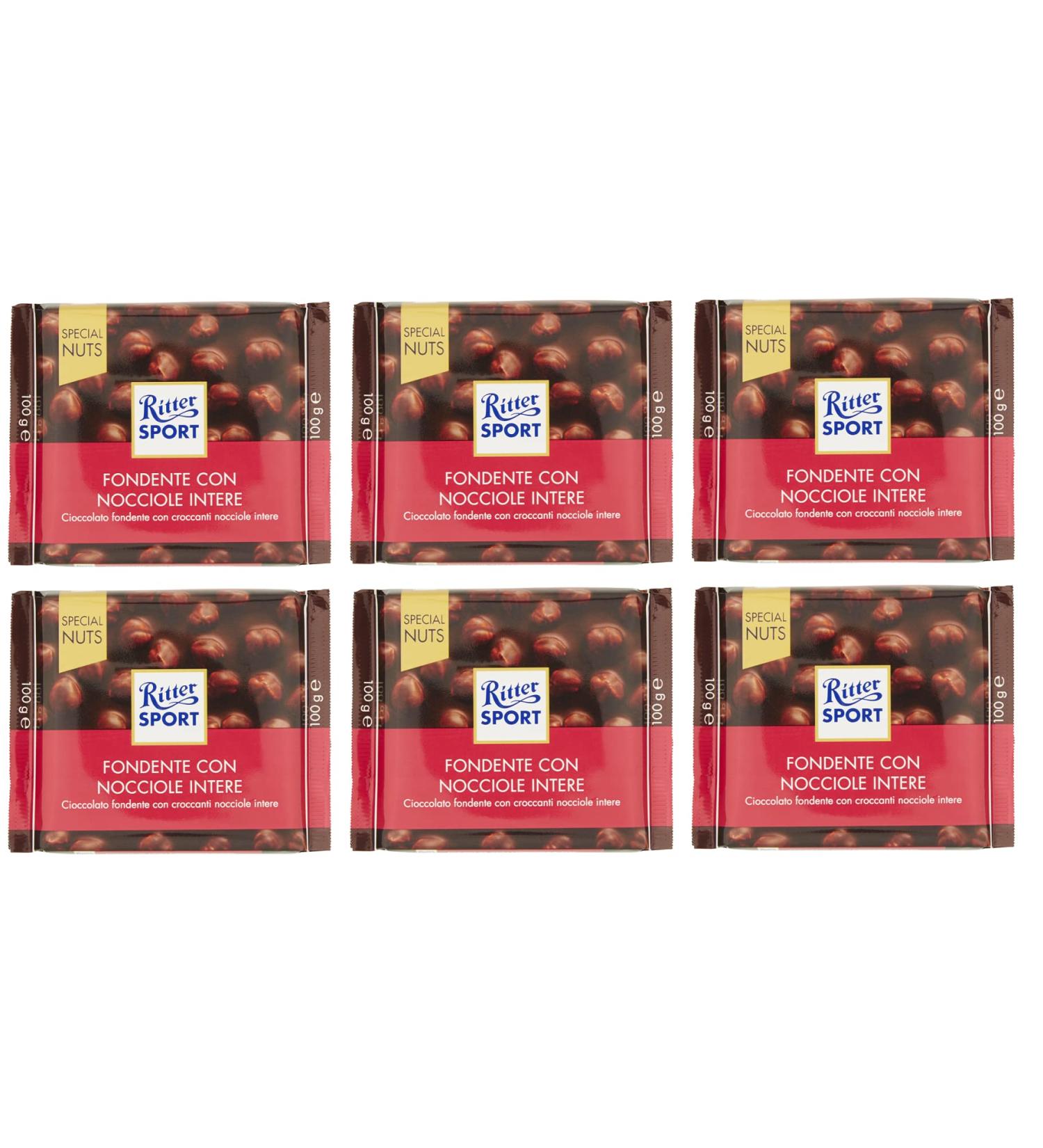 Italian Gourmet E.R. Ritter Sport Set of 6 Special Nuts Fondente con Nocciole Intere Dark Chocolate with Whole Hazelnuts 100g