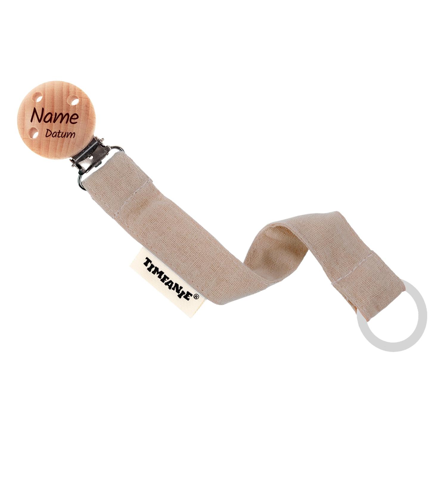 Timfanie Pacifier Holder | Nature Taupe | Engraved Fabric Ribbon & Chain | International Shipping - Buy Online on GoSupps.com