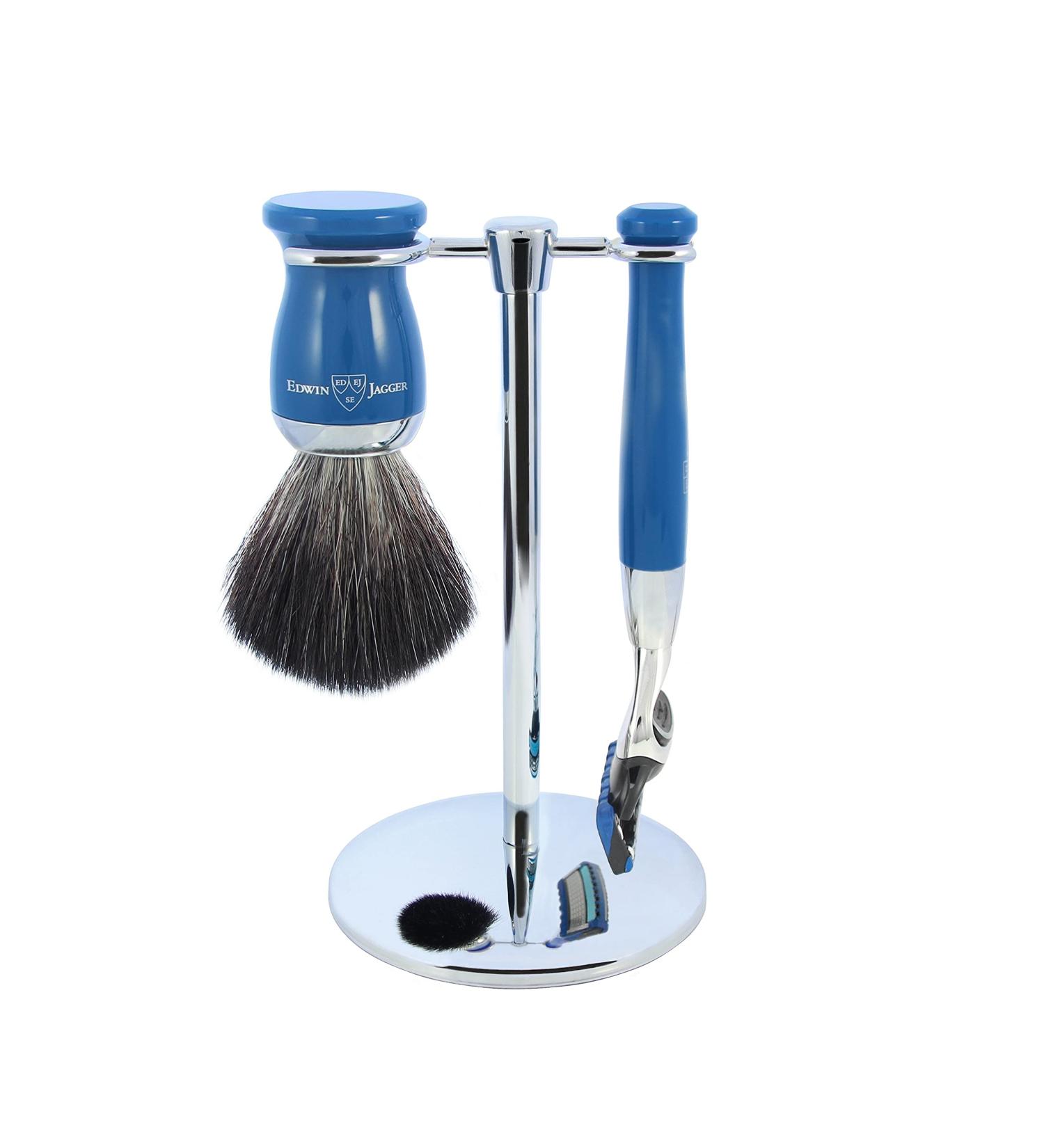 Edwin Jagger 3 Piece Blue Gillette Fusion Razor Set Synthetic Shaving Brush & Holder Single Standard