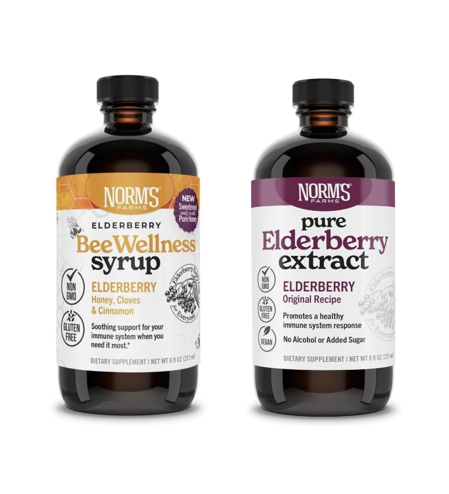 Norm's Farms Elderberry Extract & BeeWellness Syrup w/Pure Honey Bundle 2PK - Immune Support Elderberry Syrup for Kids & Adults - Made in USA Natural Ingredients Vegan Gluten-Free Non GMO (8 Oz) Elderberry Extract + Bee  - Buy Online on GoSupps.com